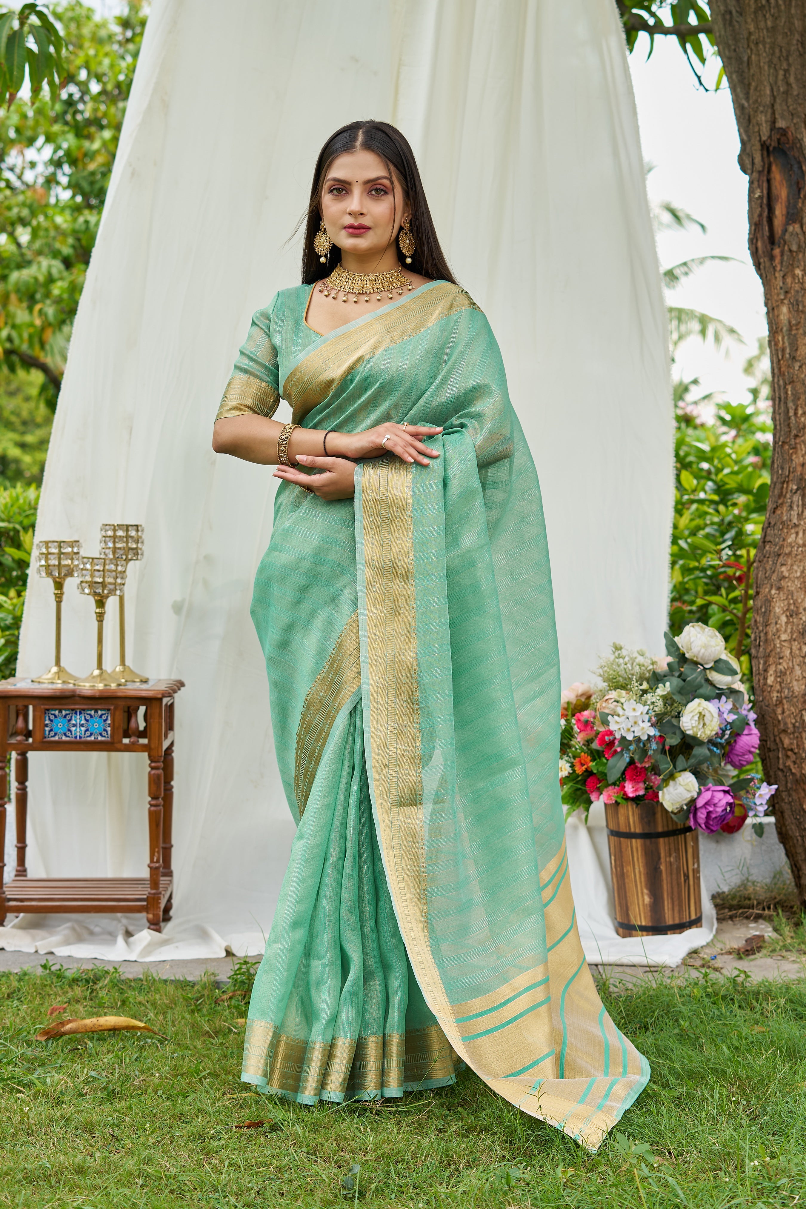 Buy MySilkLove Lincoln Green Woven Tissue Saree Online