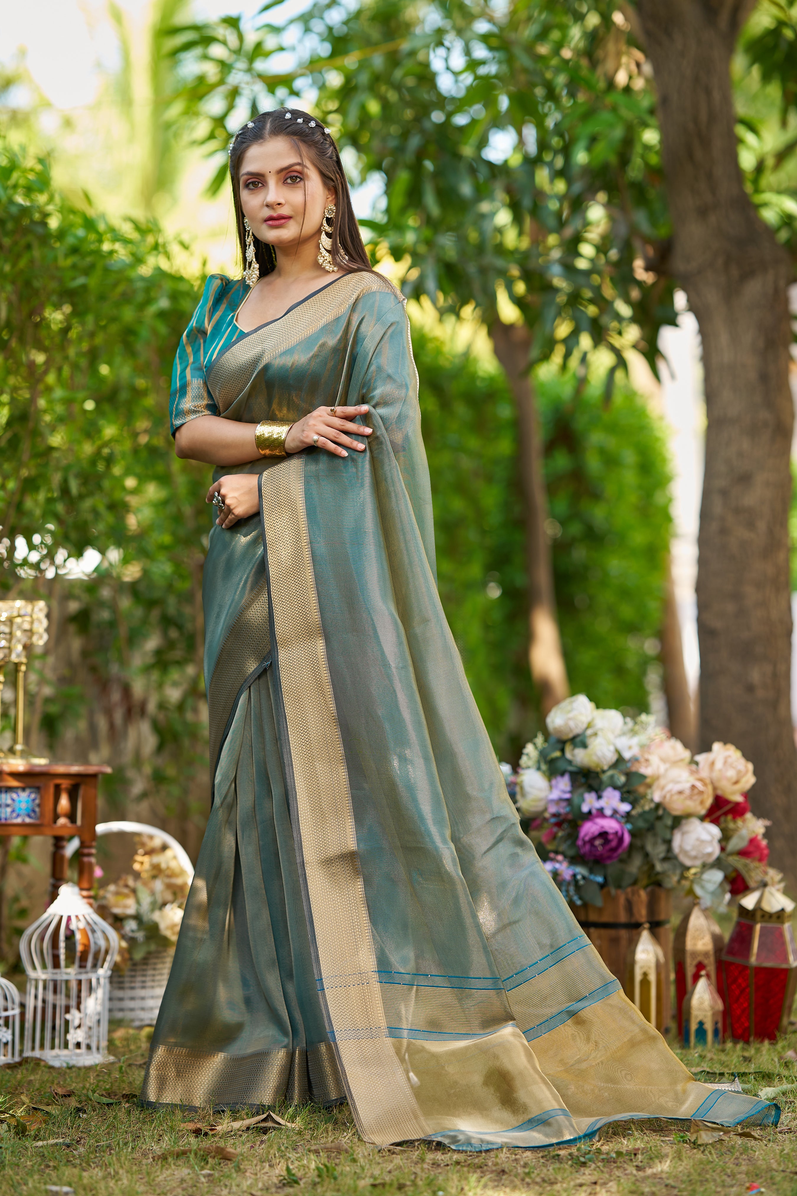 MySilkLove Swim Green Tissue Woven Saree