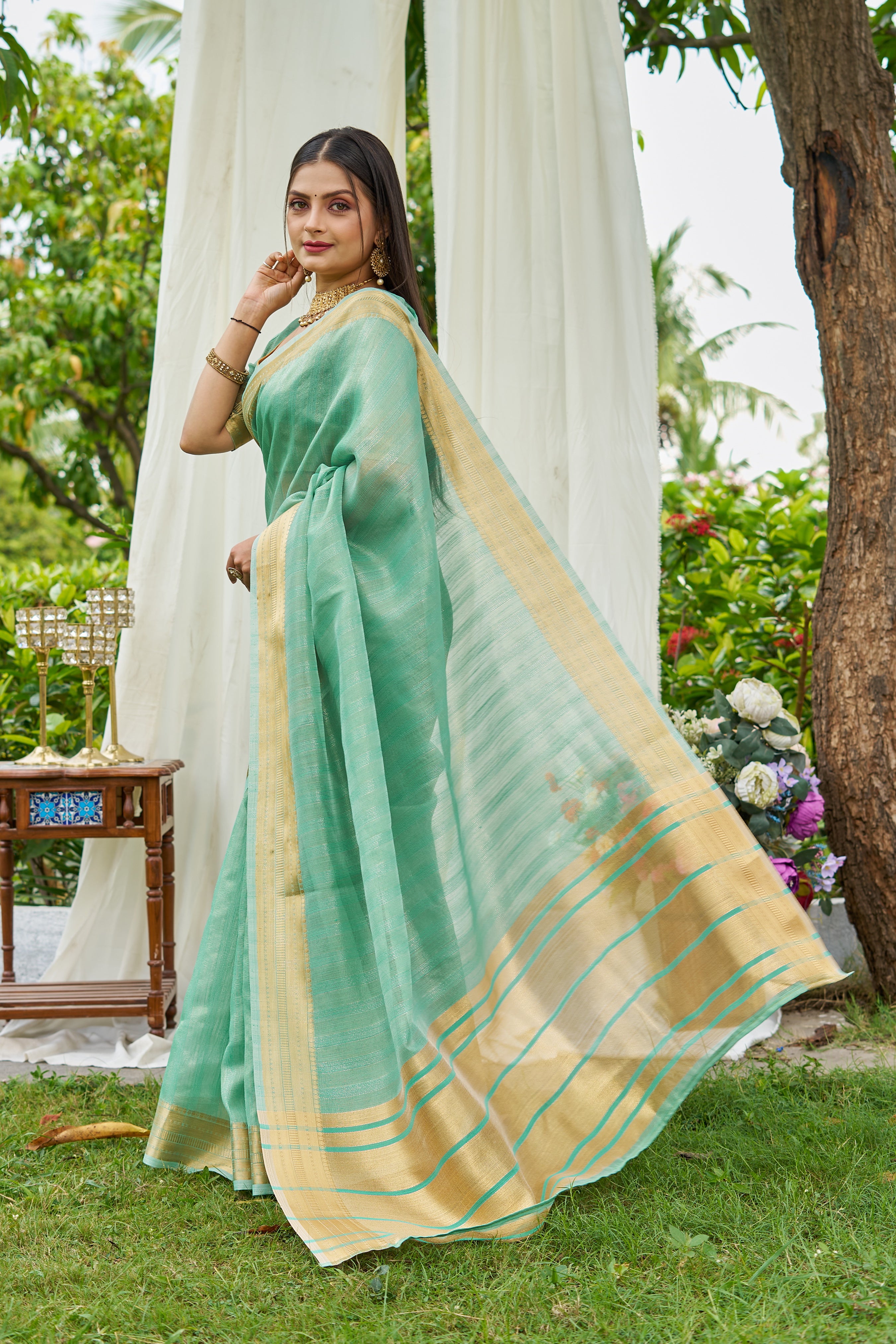 Buy MySilkLove Lincoln Green Woven Tissue Saree Online