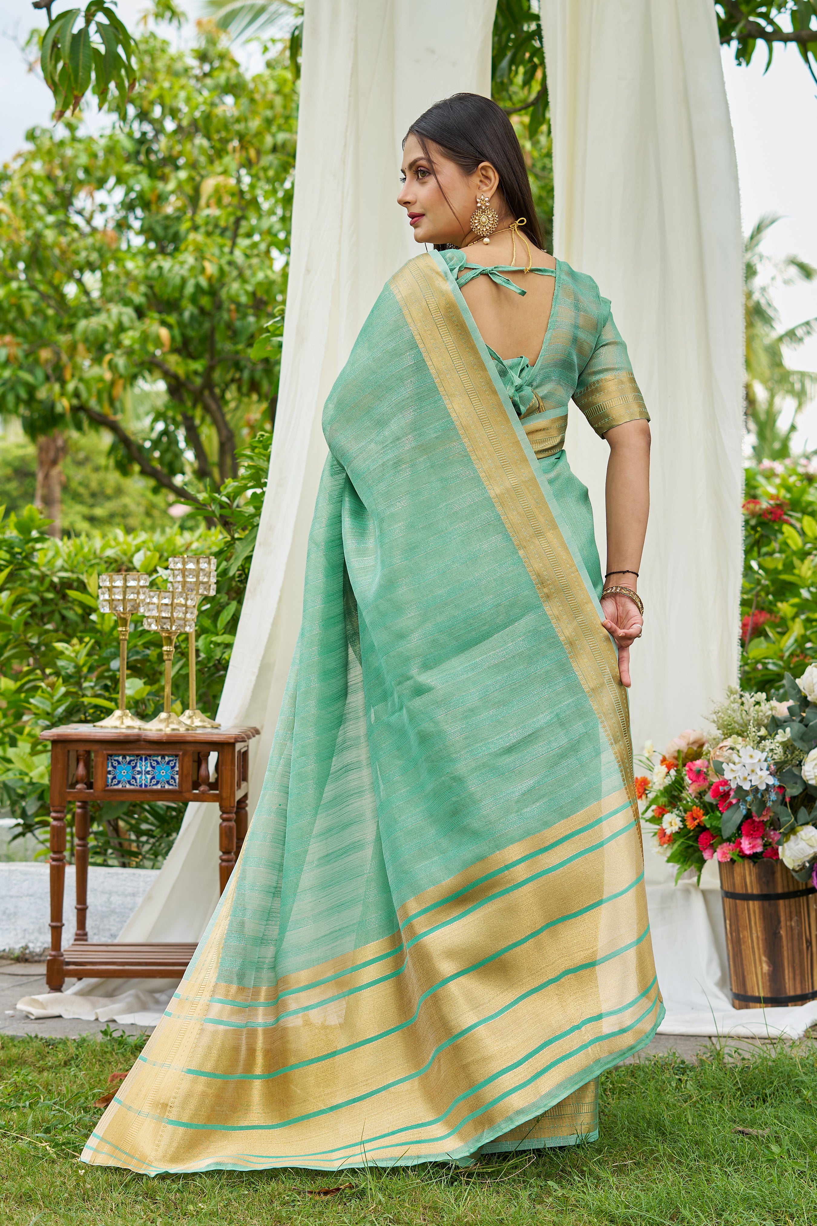 Buy MySilkLove Lincoln Green Woven Tissue Saree Online