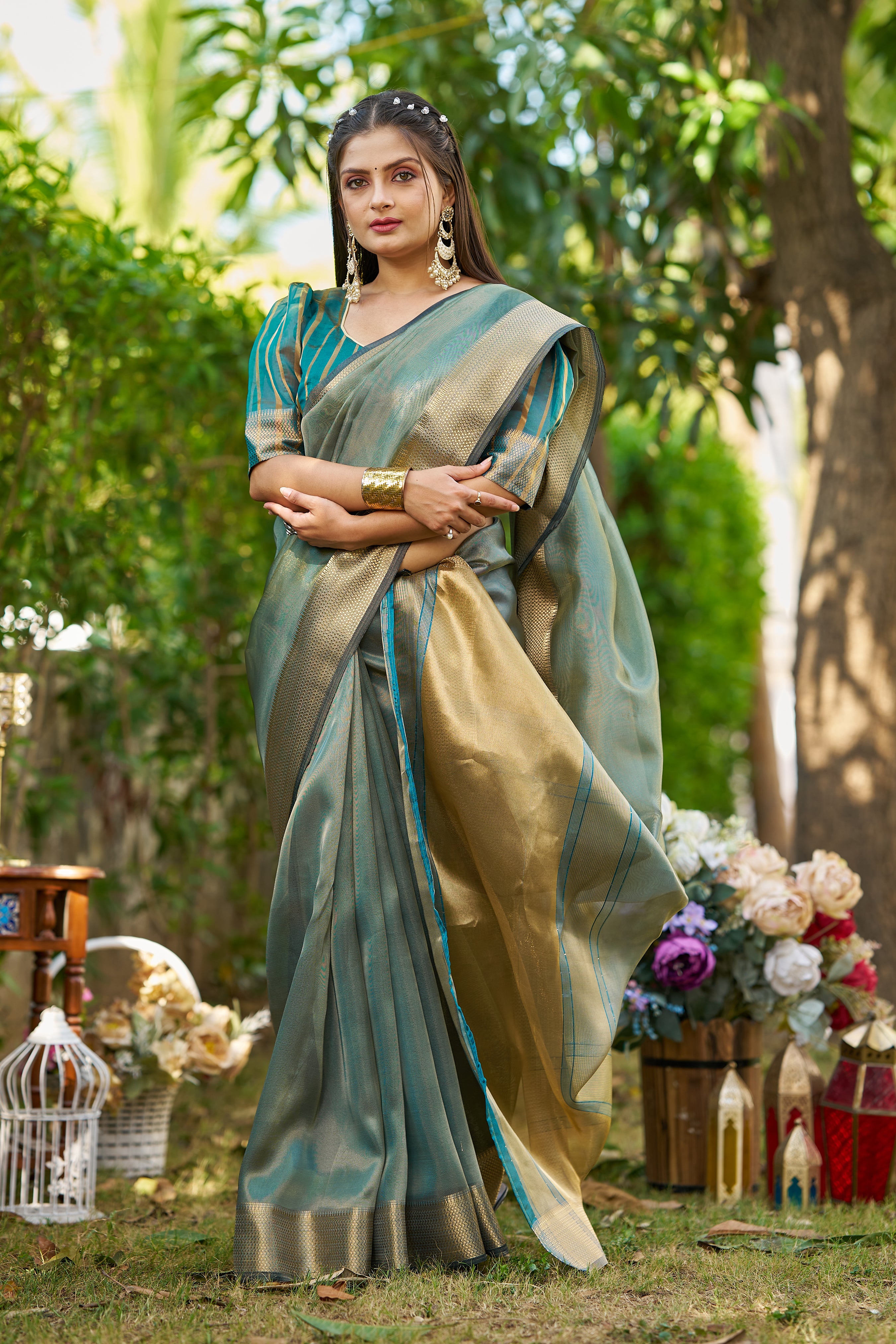 Buy MySilkLove Swim Green Tissue Woven Saree Online