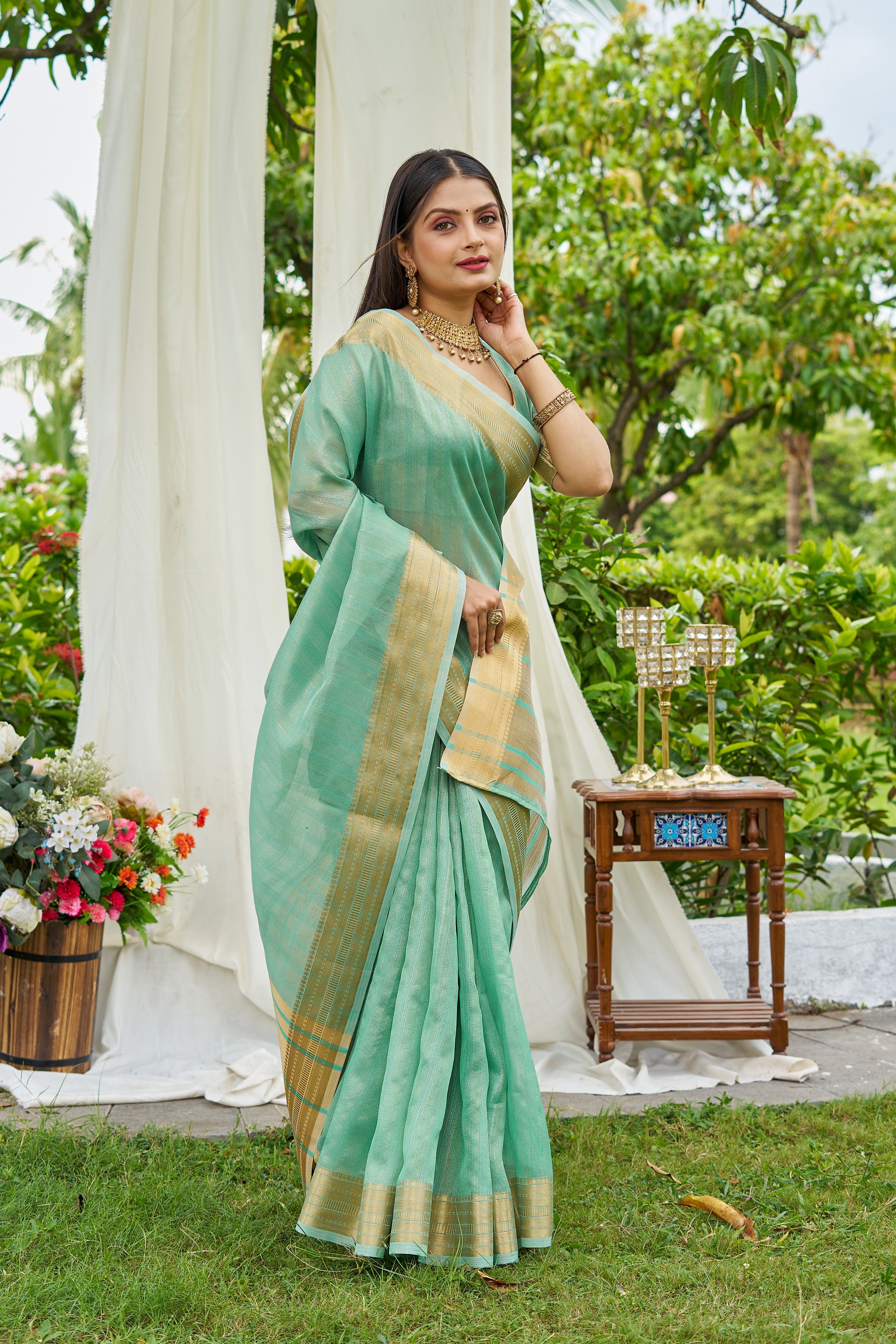 Buy MySilkLove Lincoln Green Woven Tissue Saree Online