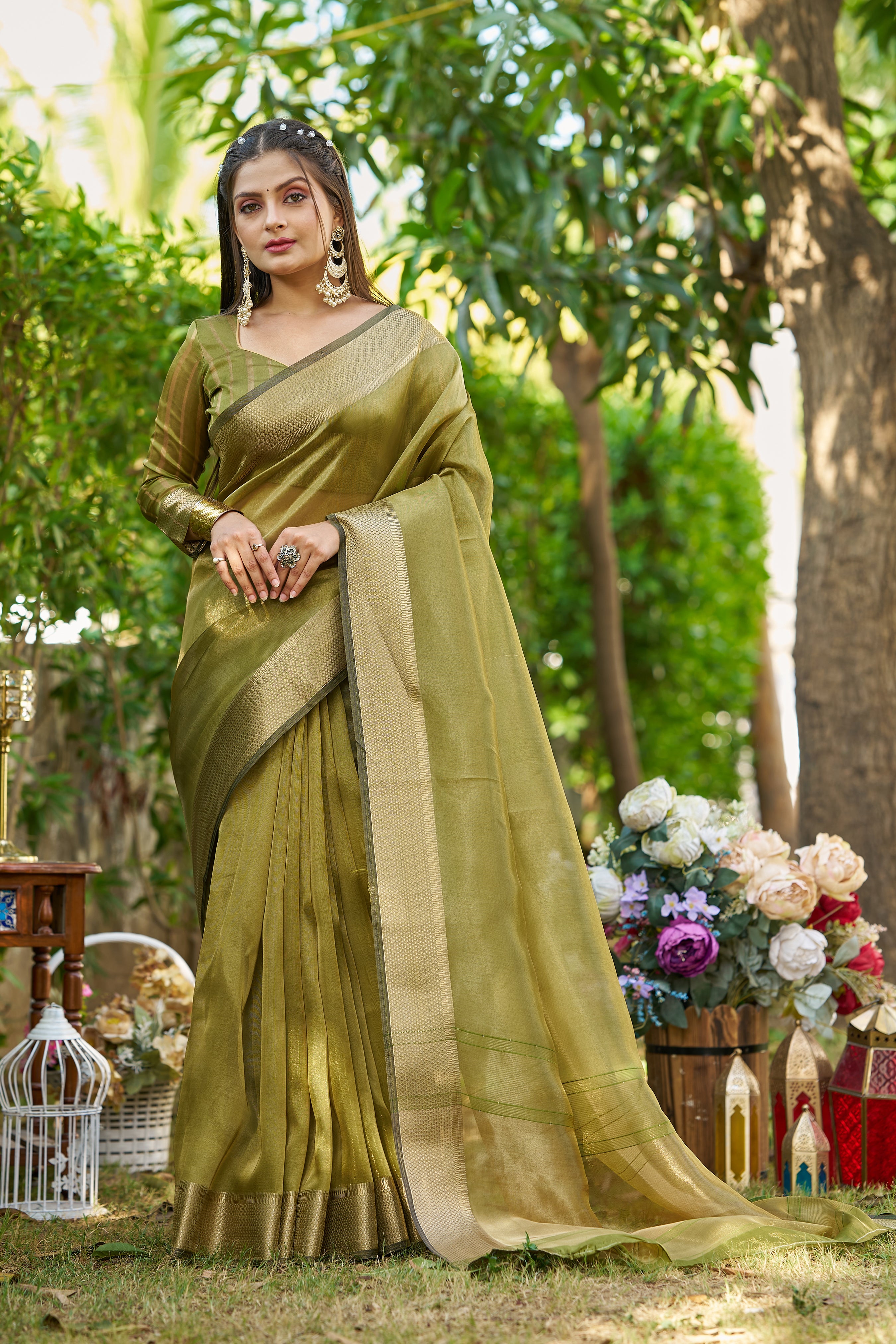 Buy MySilkLove Nature Green Tissue Woven Saree Online