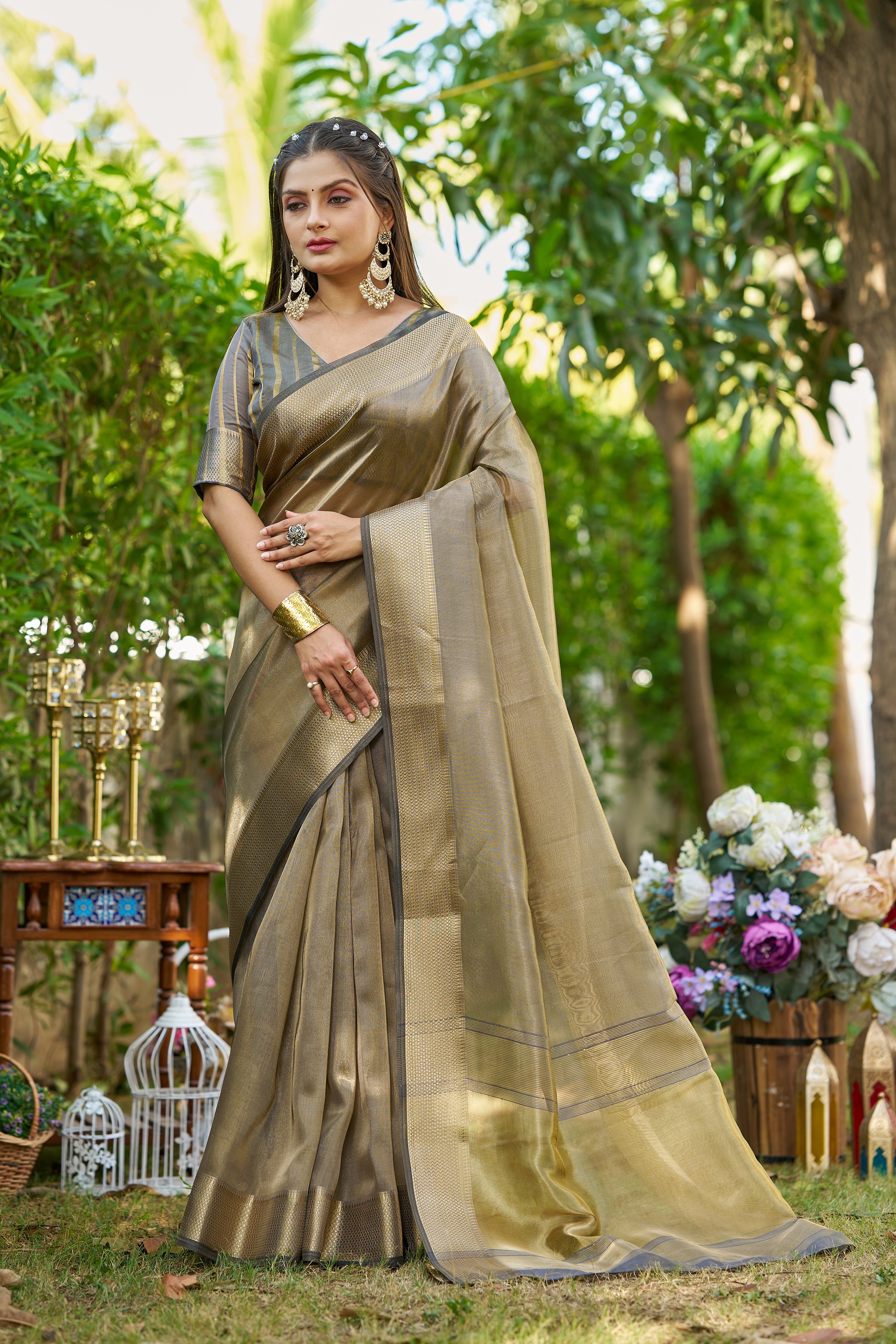 Buy MySilkLove Smokey Grey Tissue Woven Saree Online
