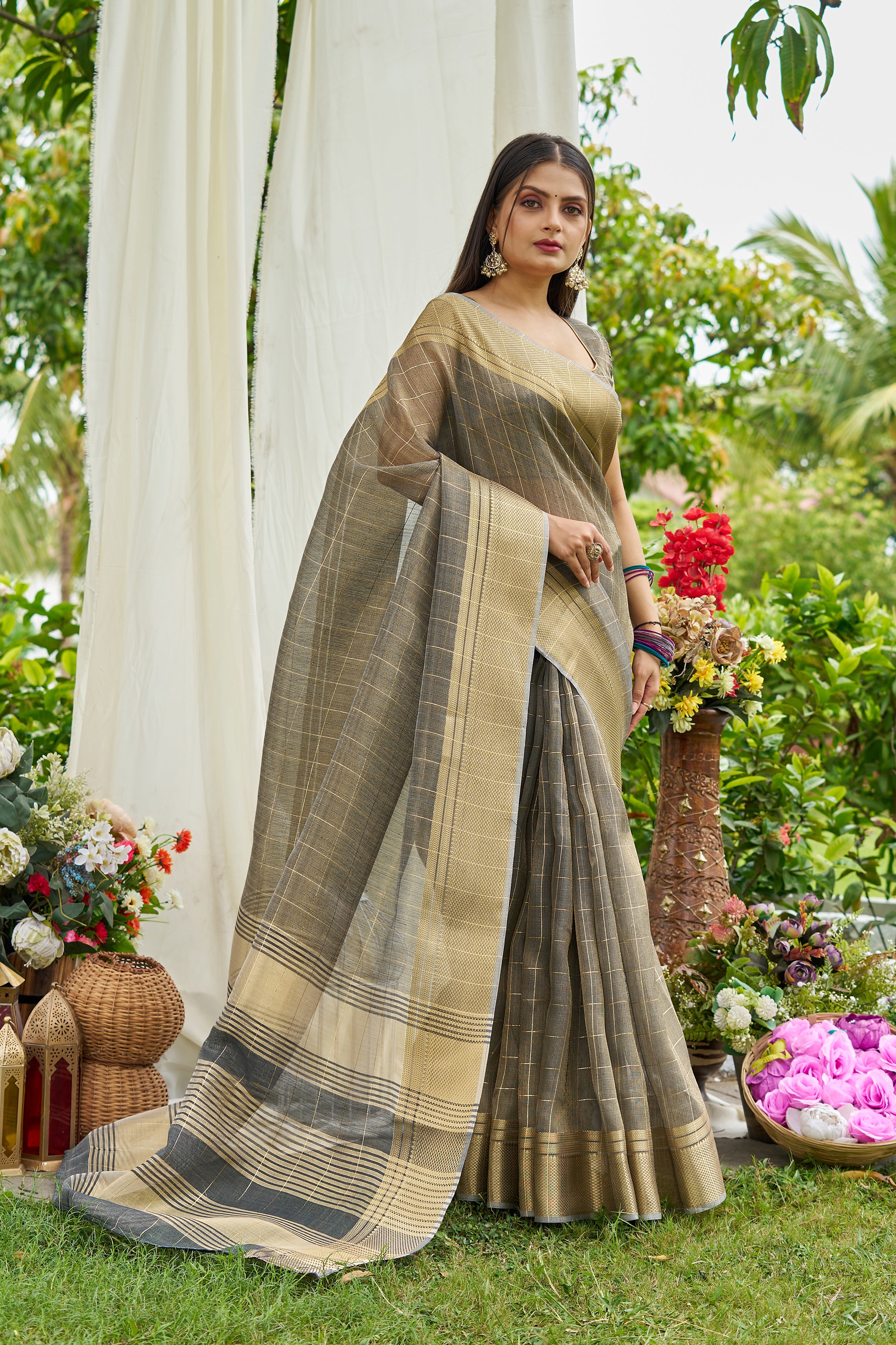 Buy MySilkLove Mint Grey Tissue Woven Saree Online