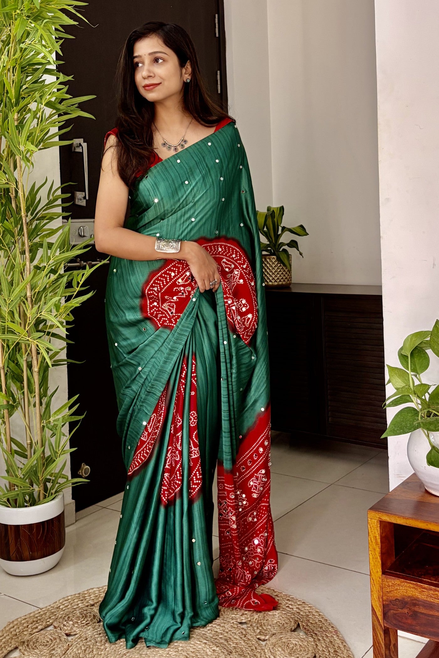 Buy MySilkLove Myrtle Green and Red Gaji Bandej Satin Soft Silk Saree Online