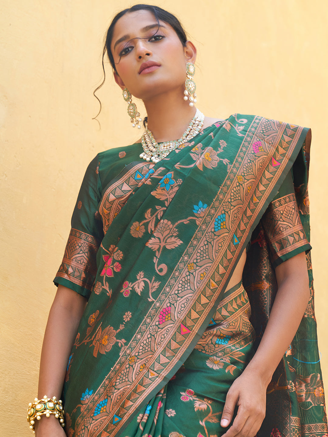 Buy MySilkLove Rashmika Mandana collection Viridian Green Woven Handloom Saree Online