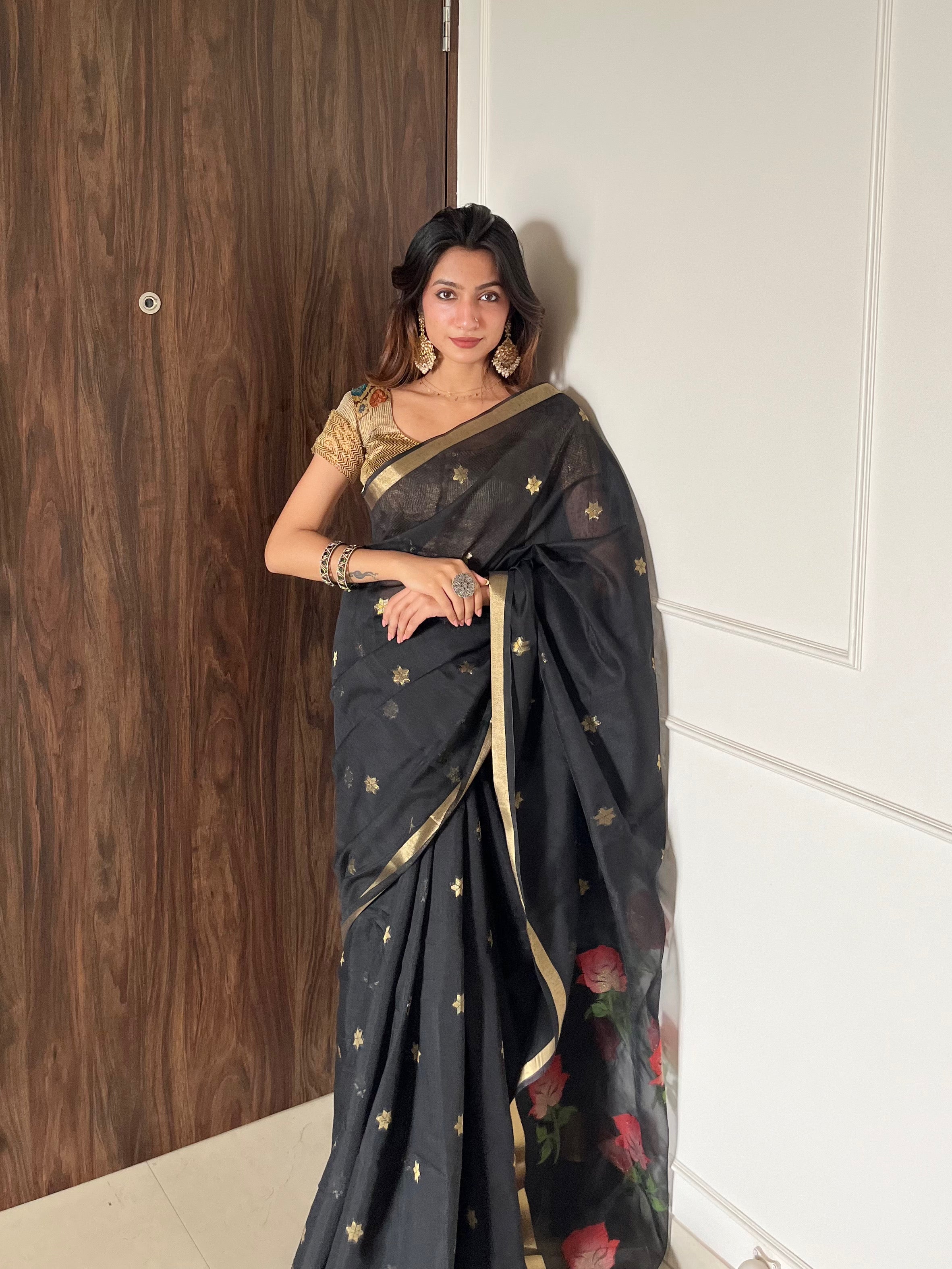 Buy MySilkLove Carbon Black Handloom Muga Cotton Saree Online