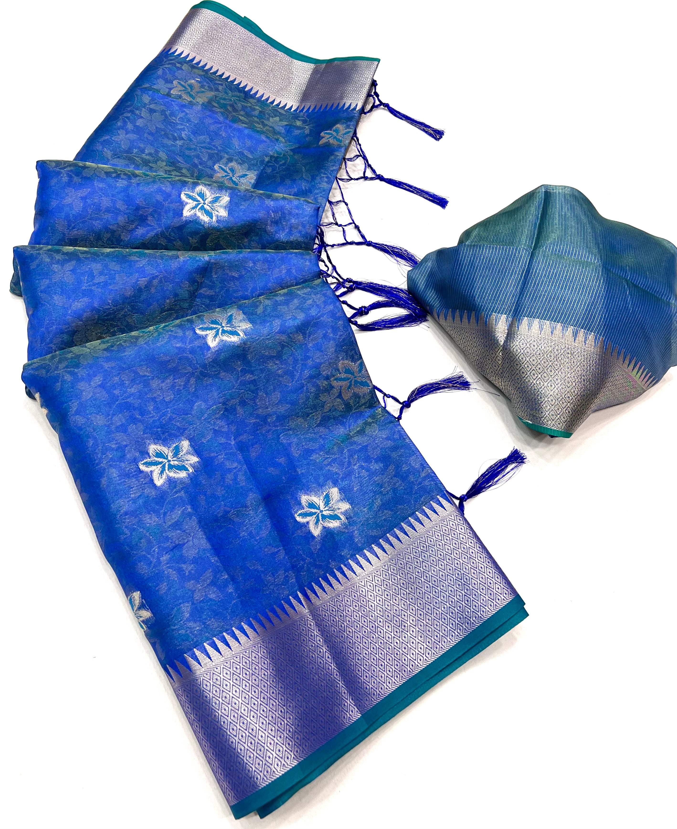 Buy MySilkLove Norway Blue Dual Tone Banarasi Organza Silk Saree Online