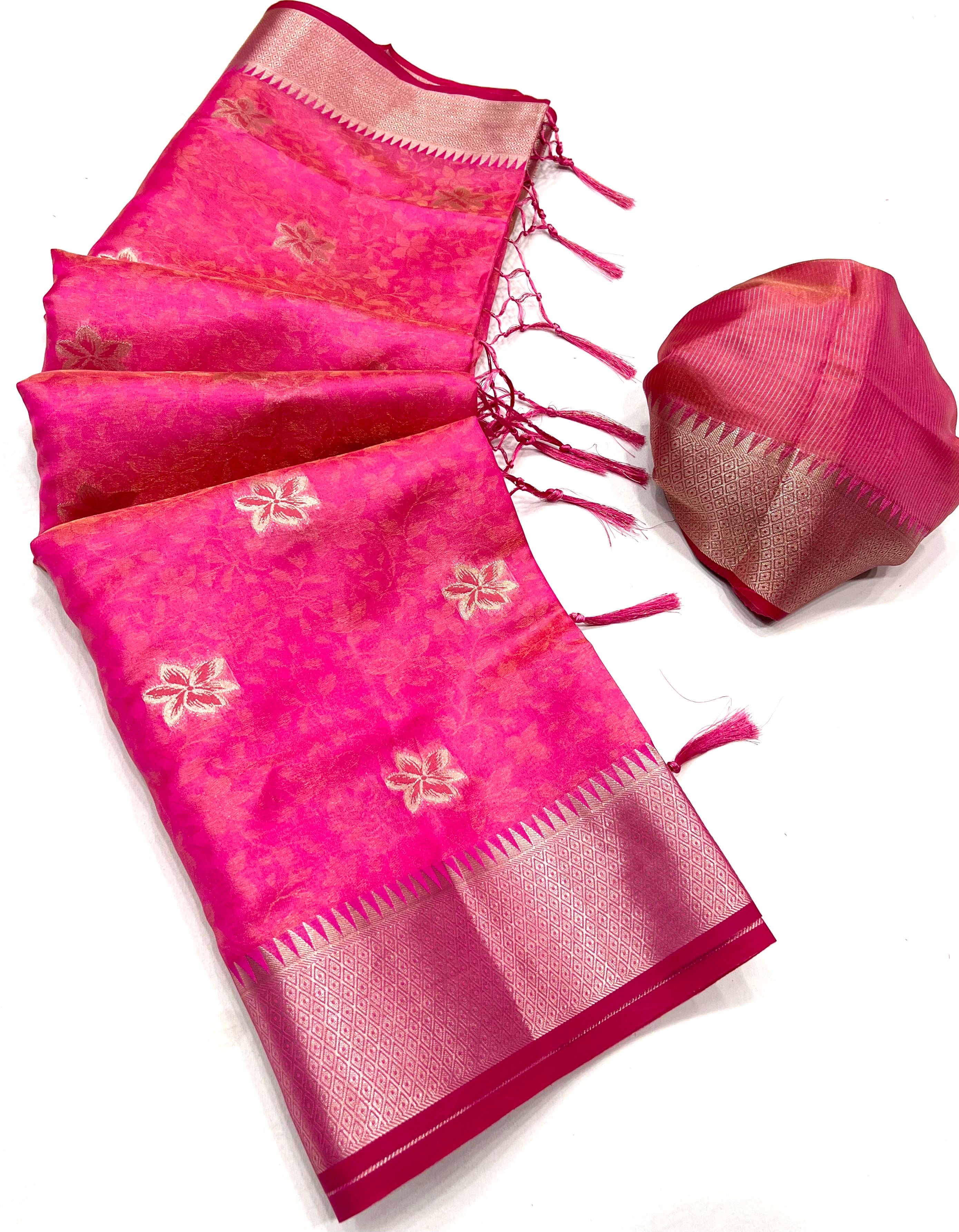 Buy MySilkLove Fiery Rose Pink Dual Tone Banarasi Organza Silk Saree Online