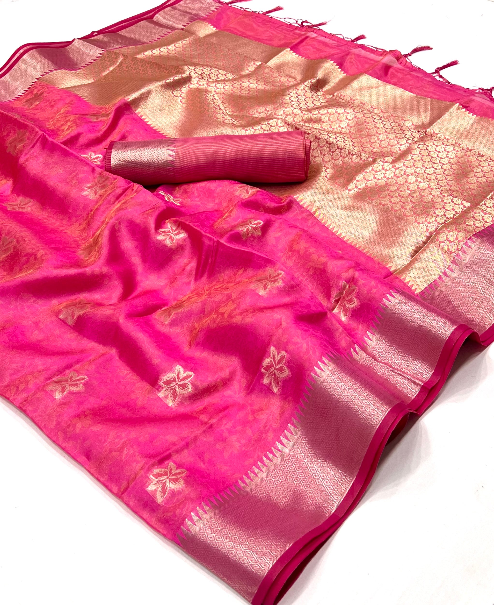 Buy MySilkLove Fiery Rose Pink Dual Tone Banarasi Organza Silk Saree Online