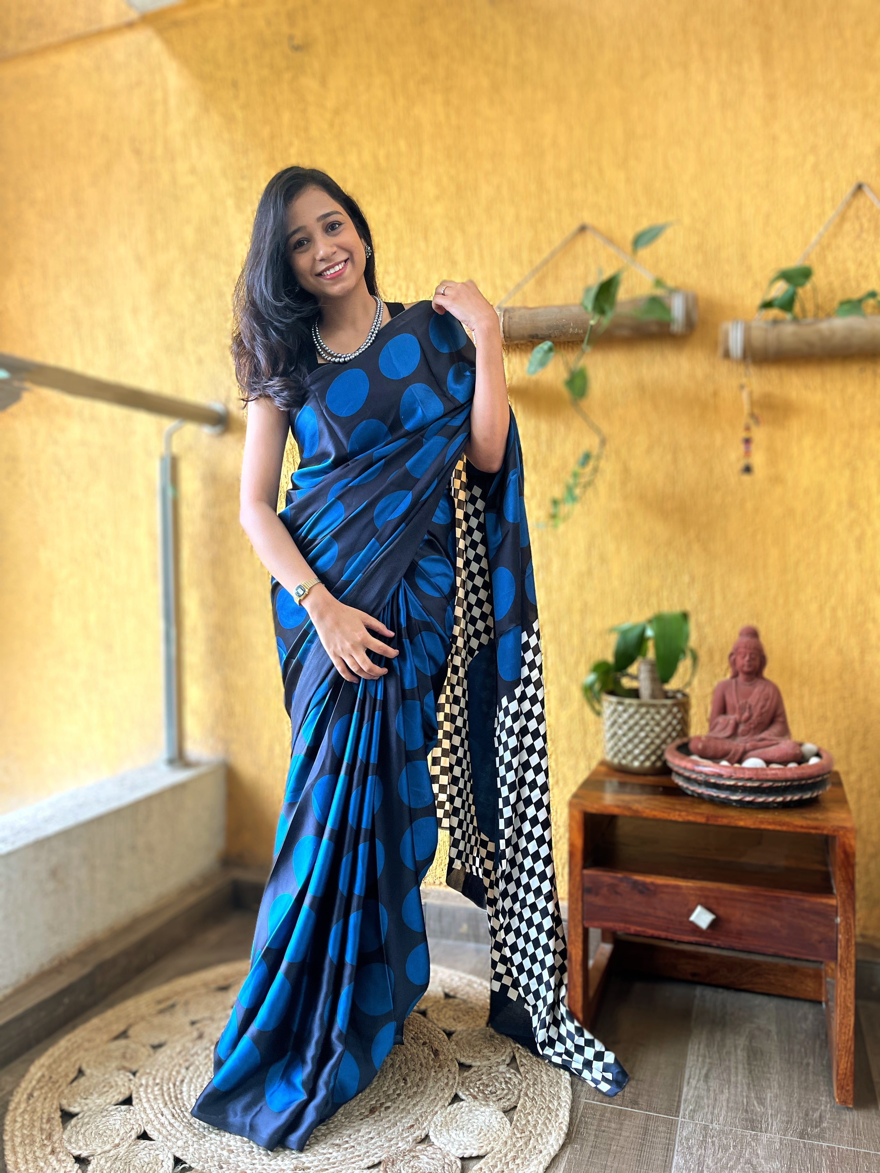 MySilkLove Casper Blue and Black Printed Polka Dots Satin Saree