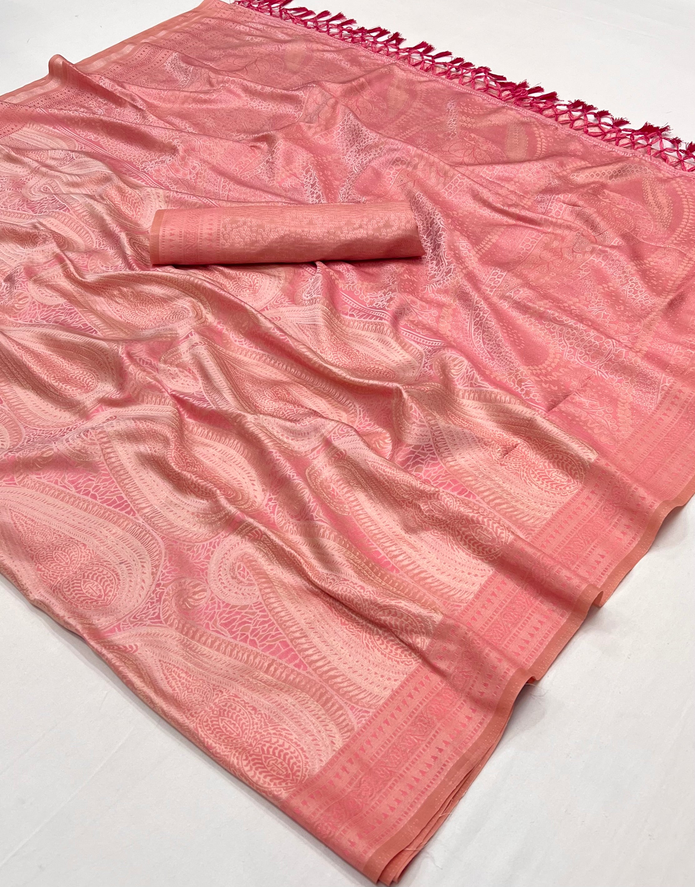 Buy MySilkLove Apricot Peach Woven Kanjivaram Satin Silk Saree Online