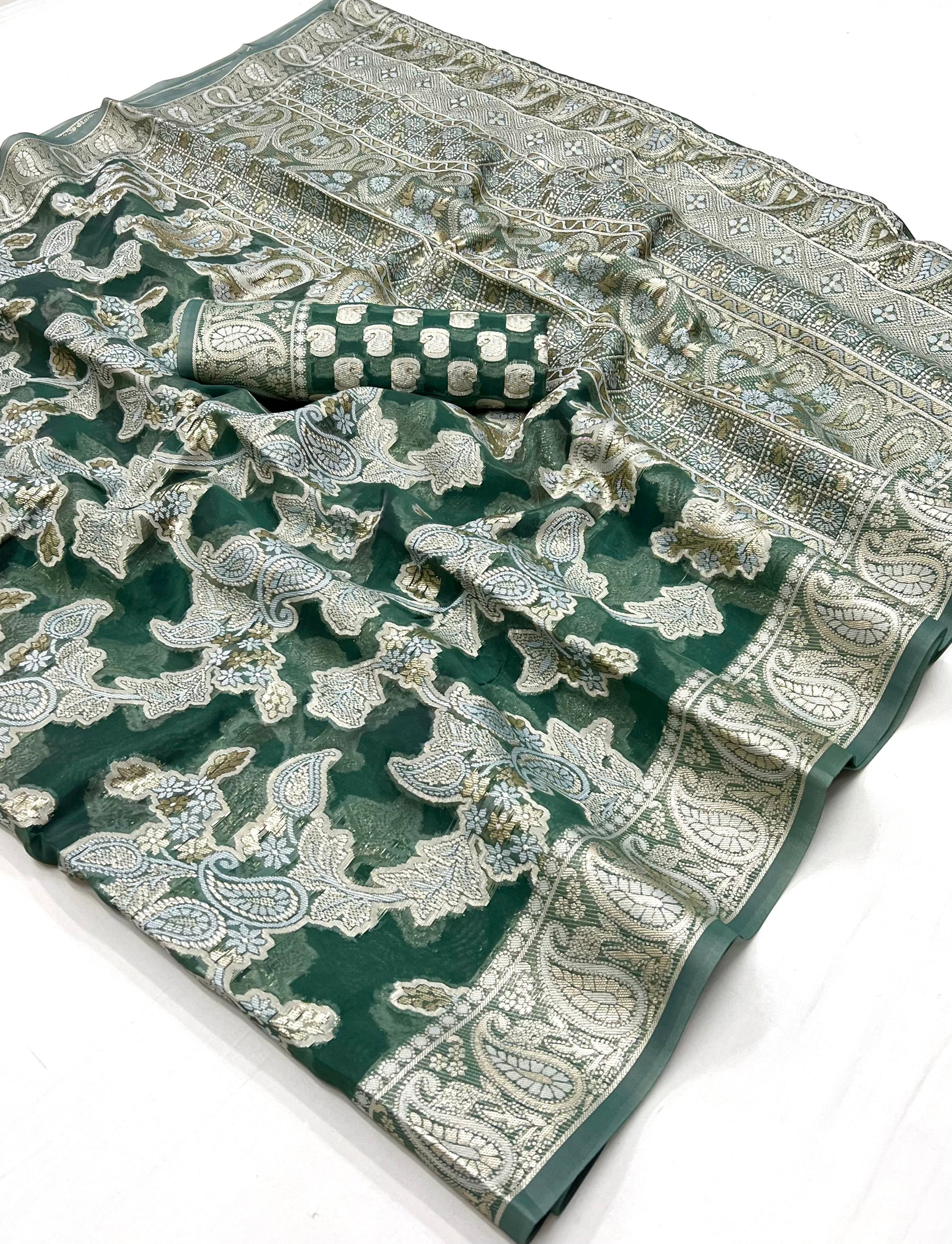 Buy MySilkLove Cascade Green Woven Lucknowi Chikankari Saree Online