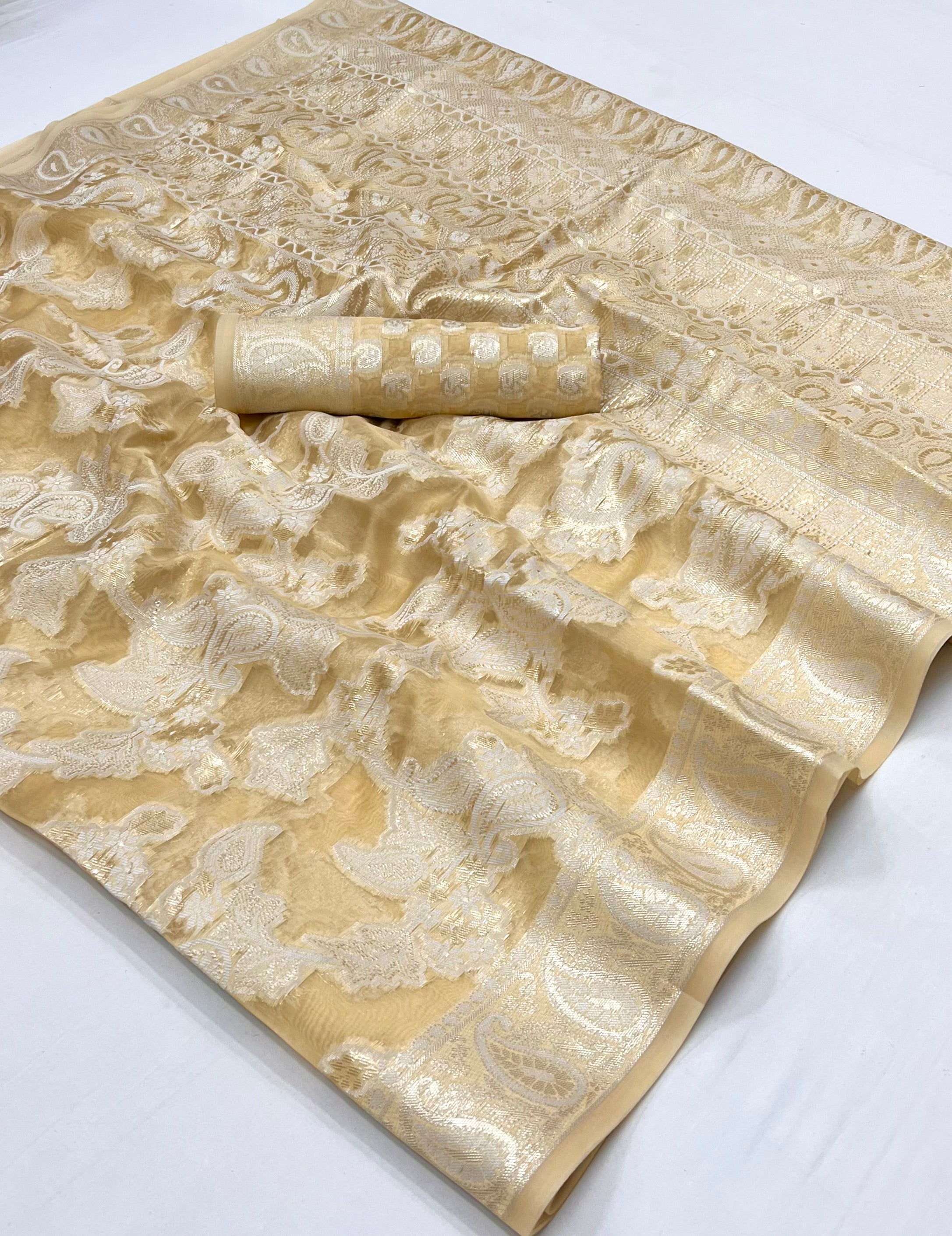 Buy MySilkLove Sorrell Cream Woven Lucknowi Chikankari Saree Online