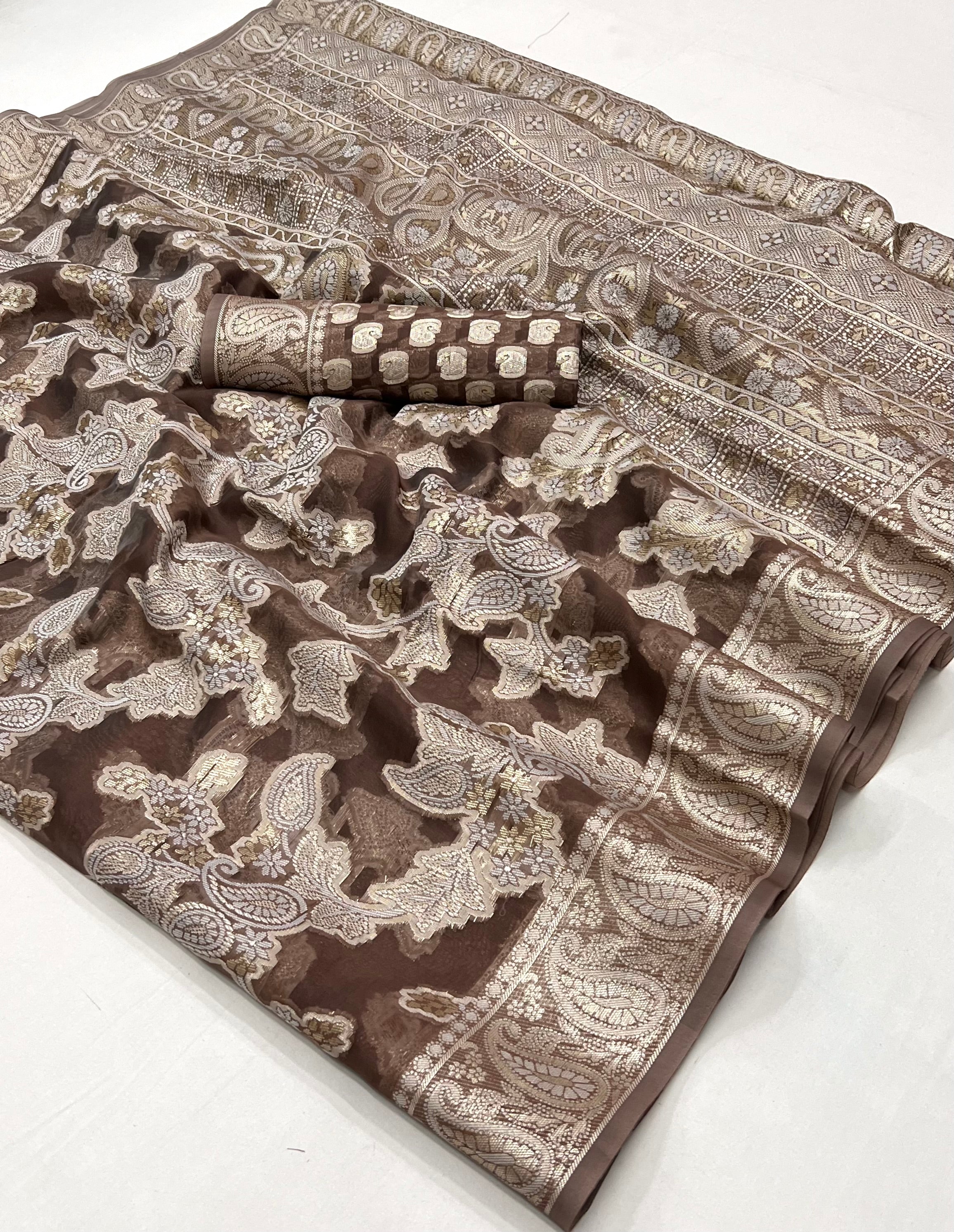 Buy MySilkLove Roman Coffee Brown Woven Lucknowi Chikankari Saree Online