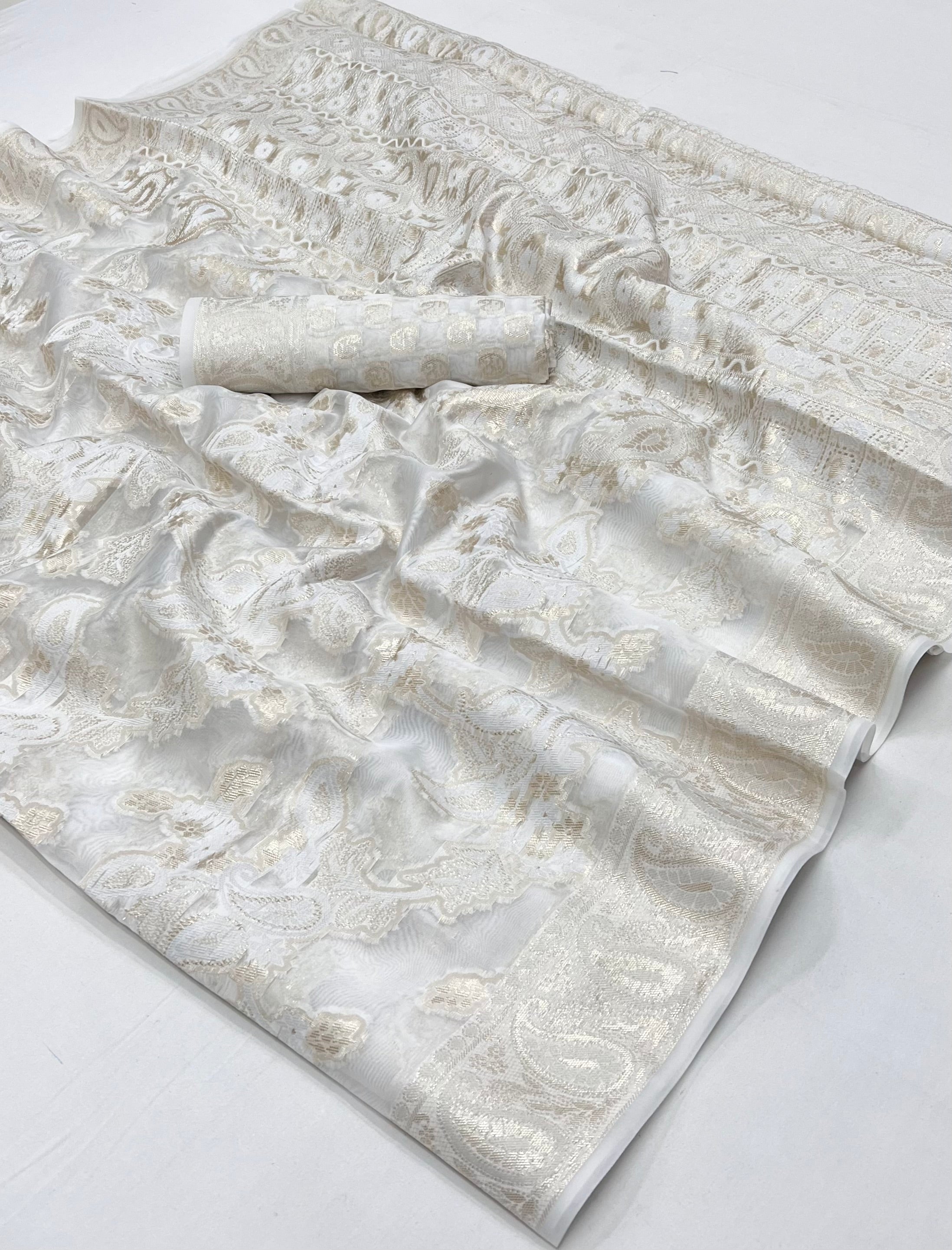 Buy MySilkLove Citrine Off White Woven Lucknowi Chikankari Saree Online