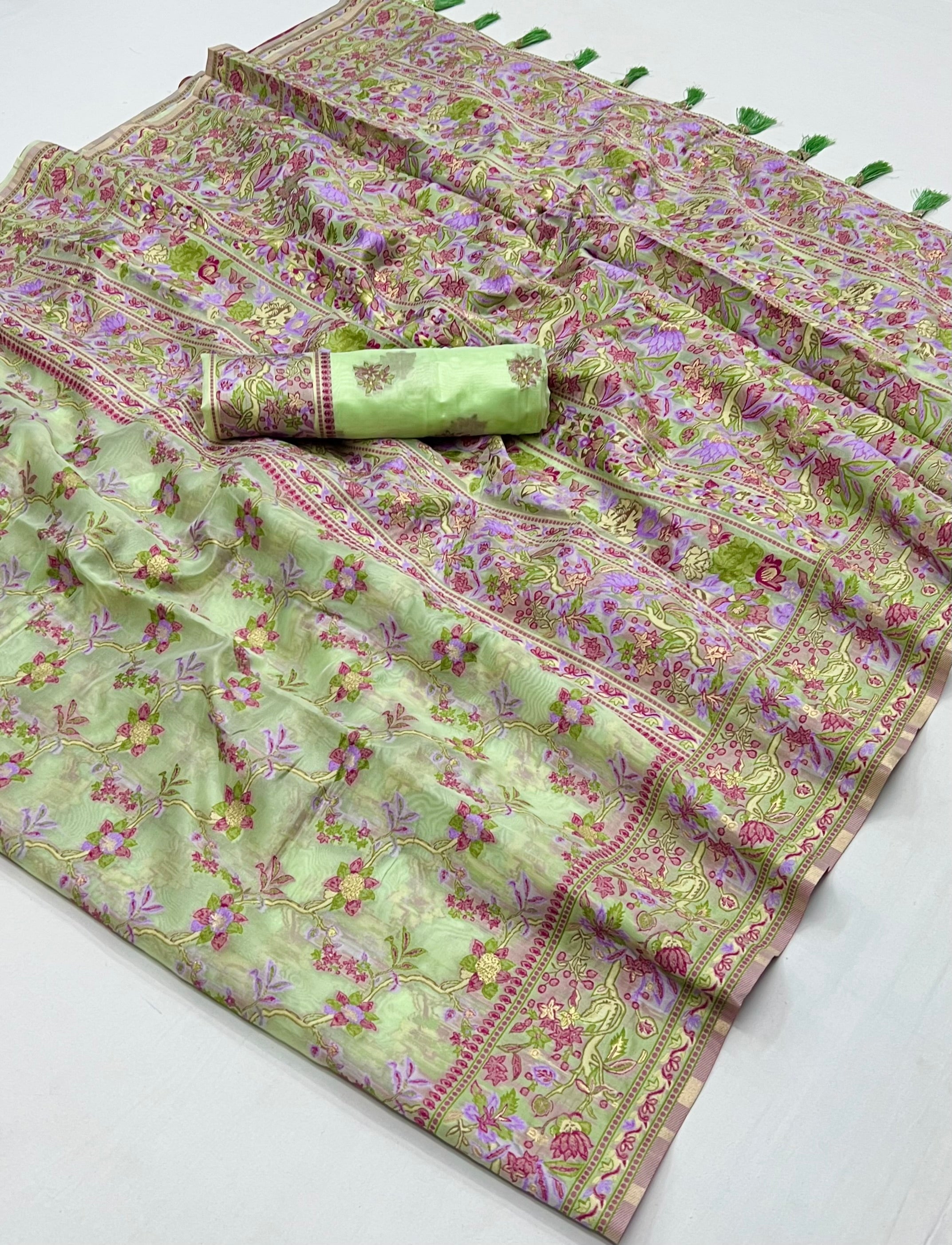 Buy MySilkLove Pista Green Organza Handloom Parsi Saree Online