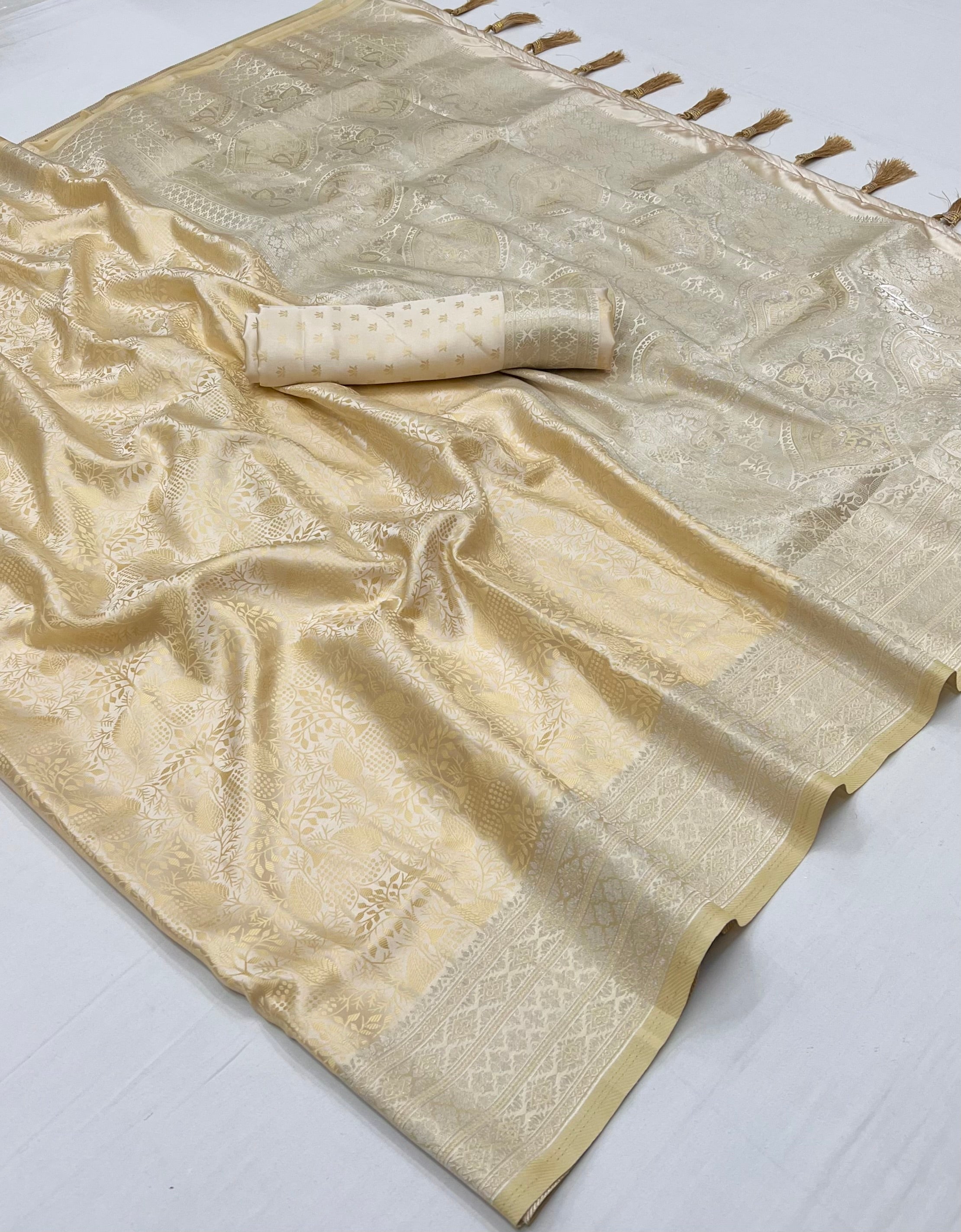 Buy MySilkLove Cashmere Cream Woven Banarasi Satin Silk Saree Online