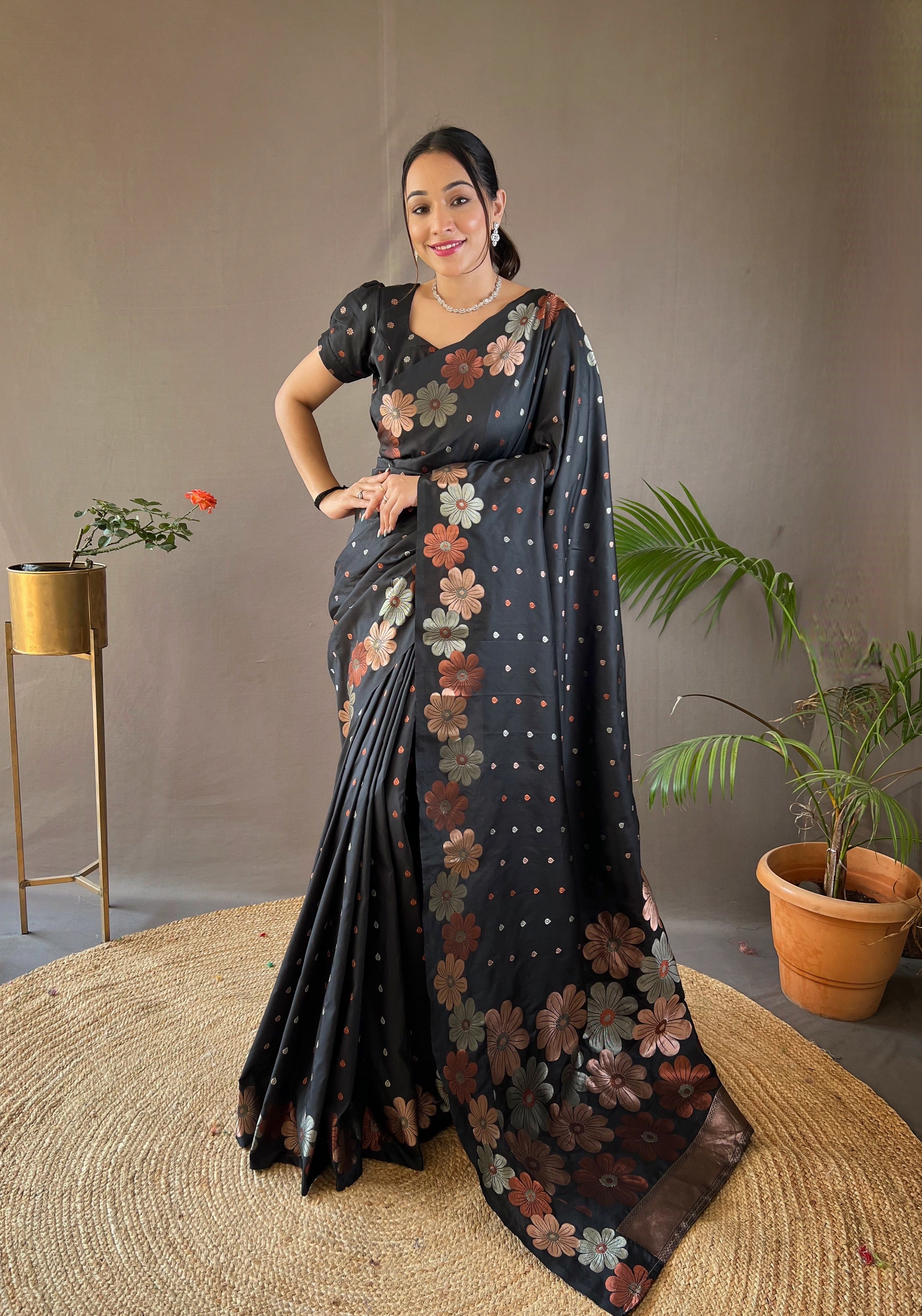 Buy MySilkLove Bunker Black Woven Floral Designer Silk Saree Online