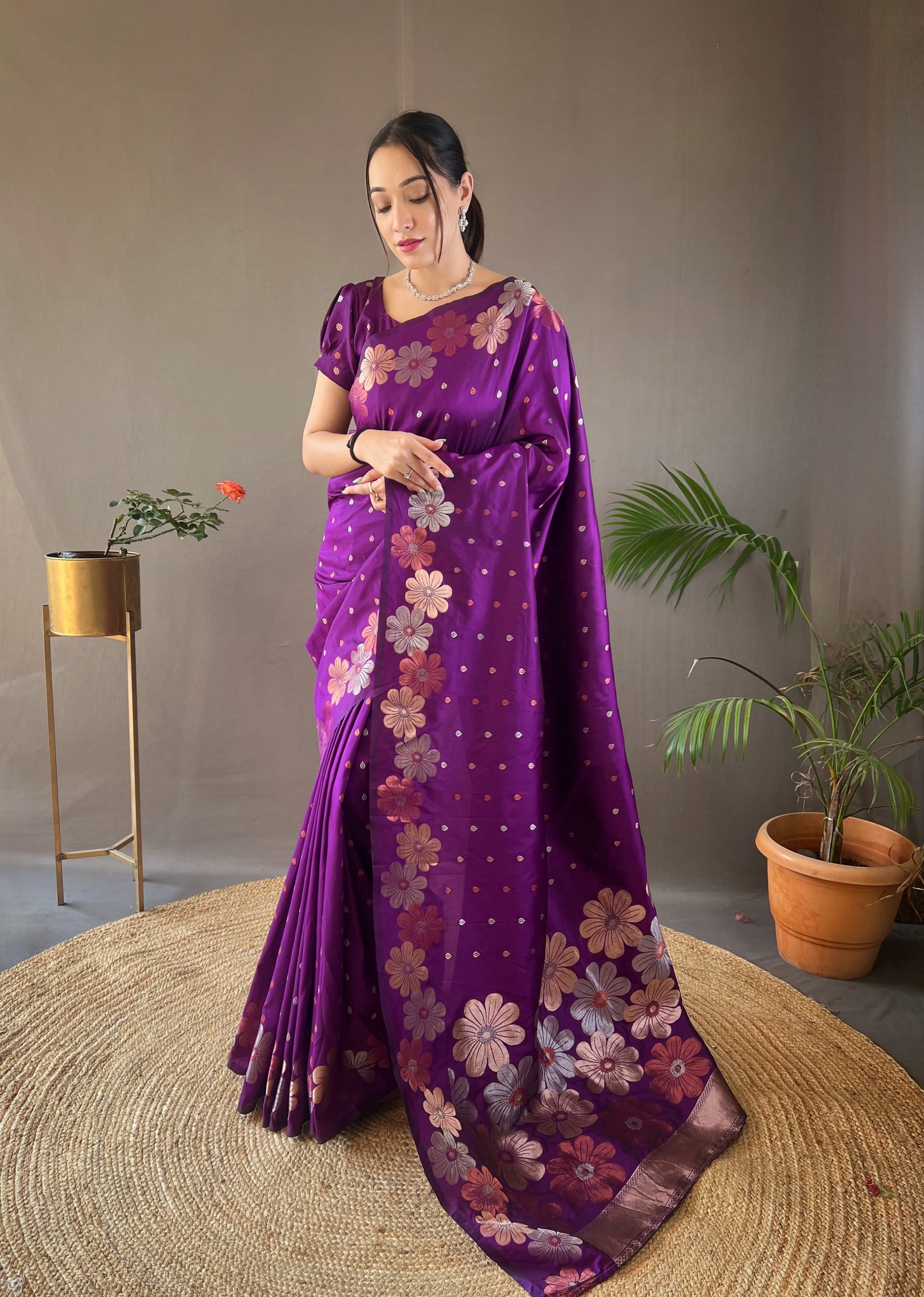 Buy MySilkLove Plum Purple Floral Woven Designer Silk Saree Online