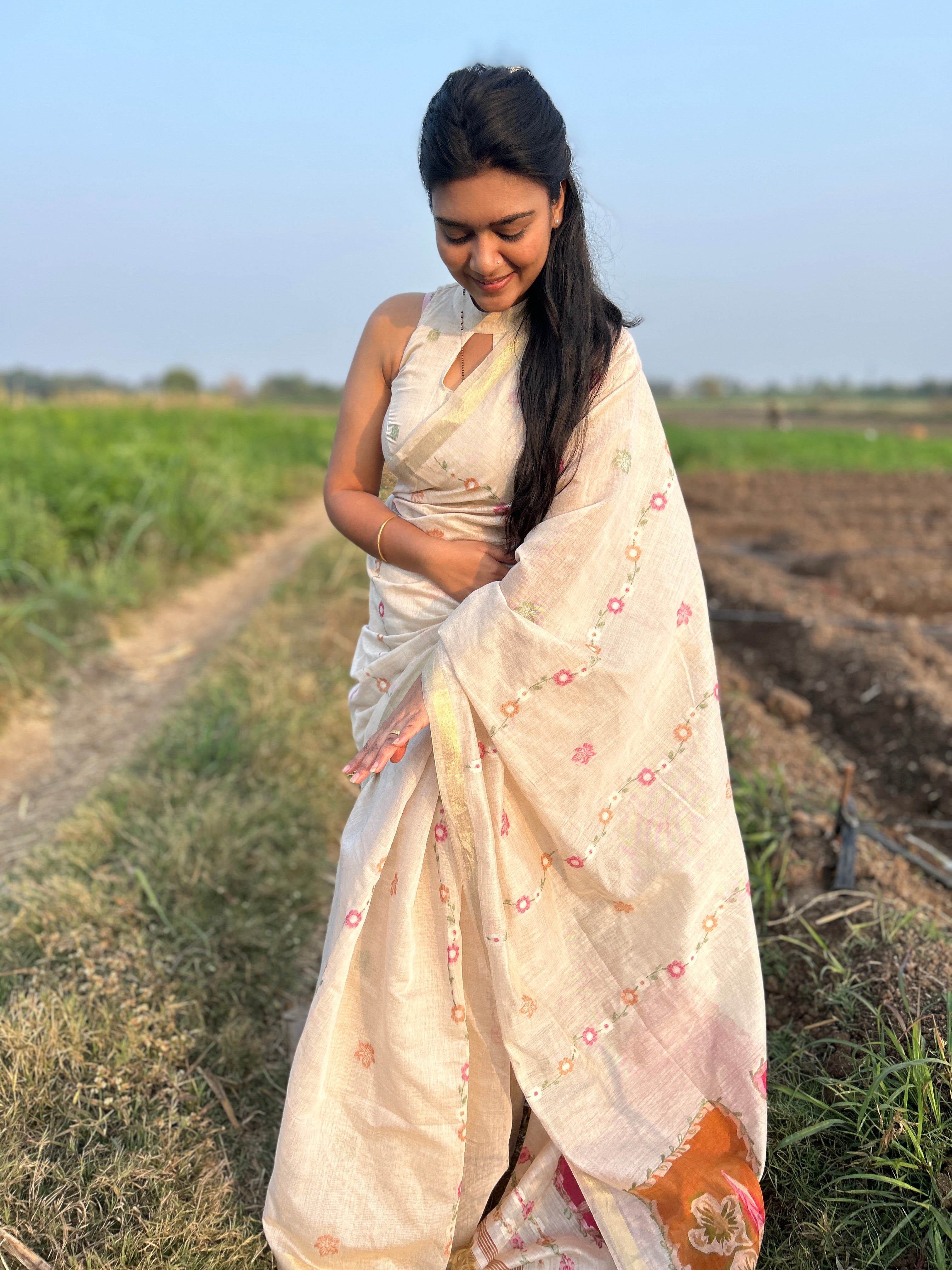 Buy MySilkLove Coconut Cream Handloom Muga Cotton Saree Online