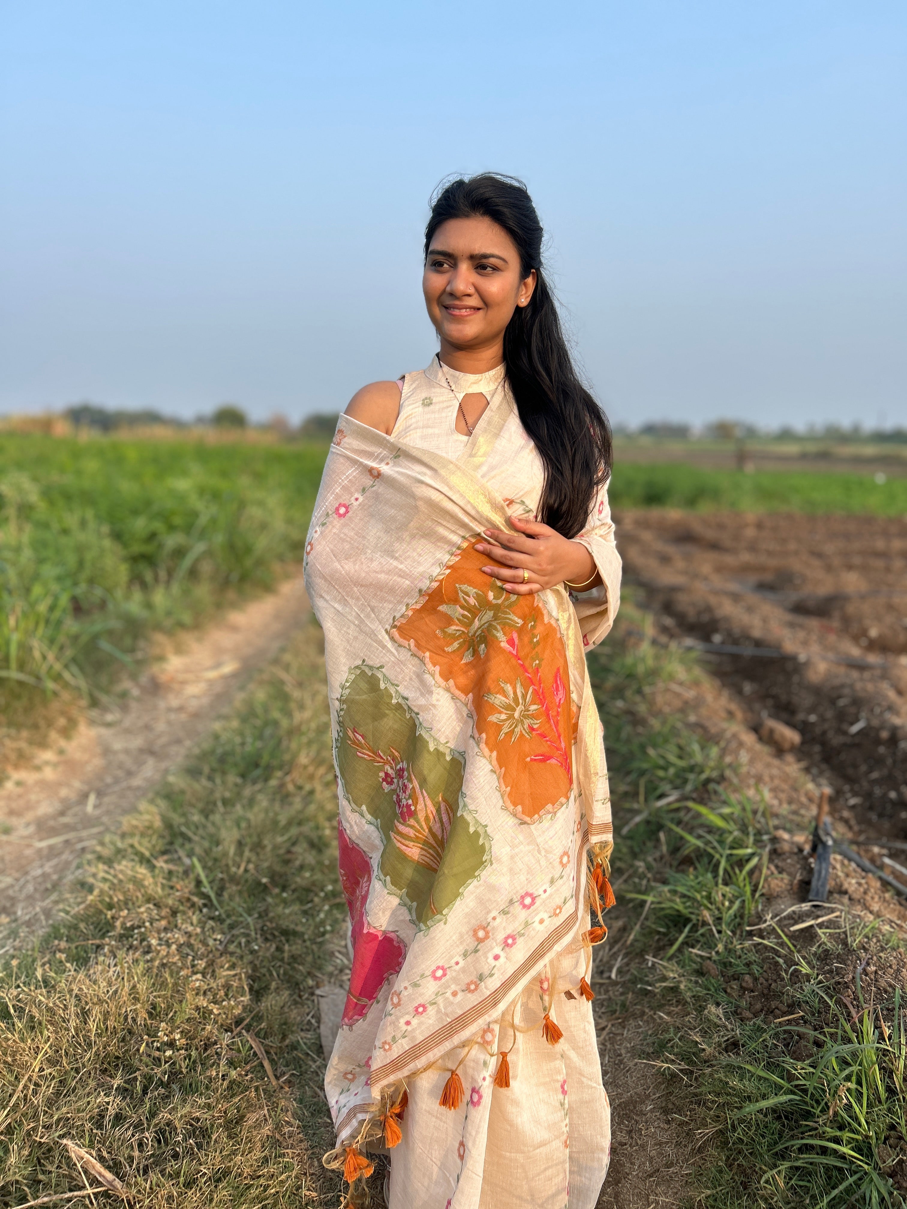 Buy MySilkLove Coconut Cream Handloom Muga Cotton Saree Online