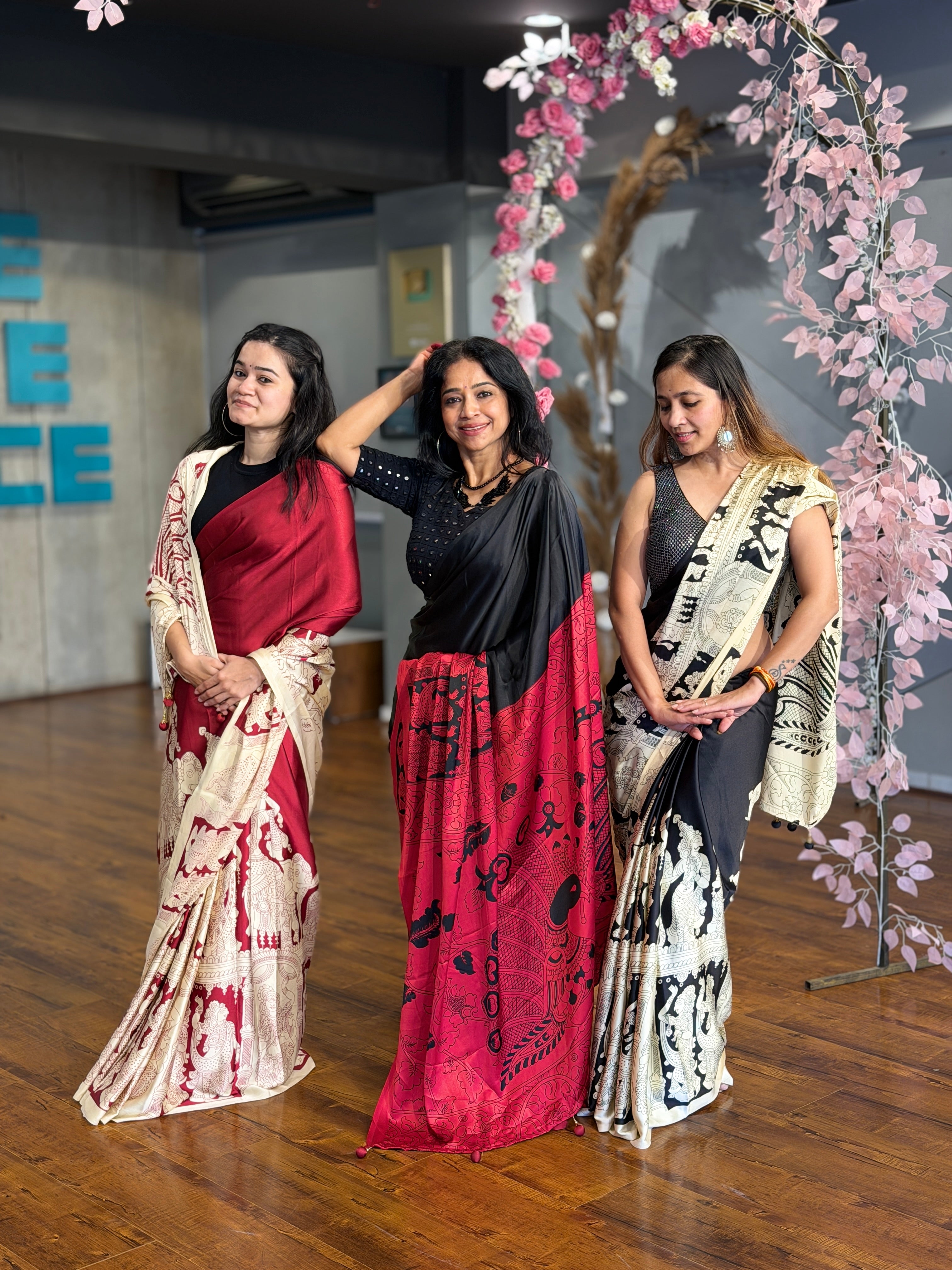 Buy MySilkLove Tuna Black and Red Ajrakh Printed Satin Crepe Silk Saree Online