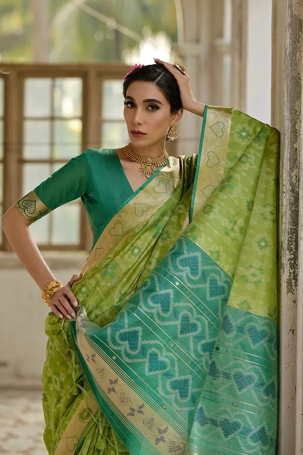 MySilkLove Tan Green Woven Raw Silk Saree