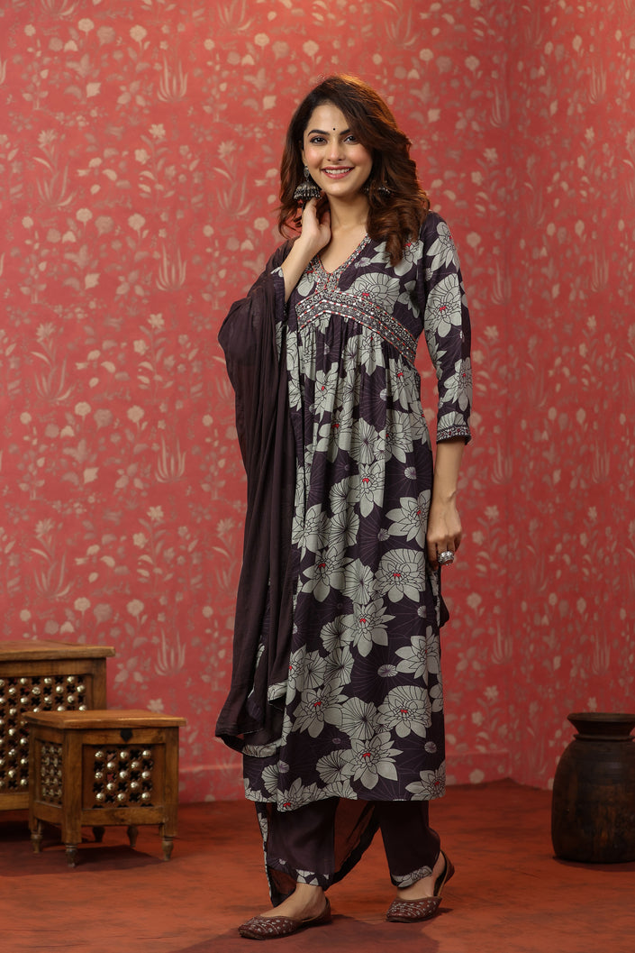 Buy MySilkLove Natural Grey and Purple Floral Alia Cut Pure Muslin Silk Suit Online