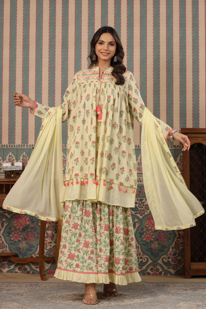 Buy MySilkLove Mint Julep Cream embroidery Pure Cotton Sharara Suit Online