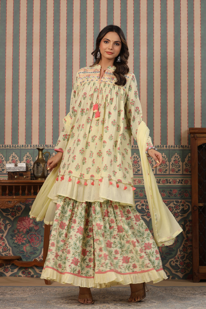 Buy MySilkLove Mint Julep Cream embroidery Pure Cotton Sharara Suit Online