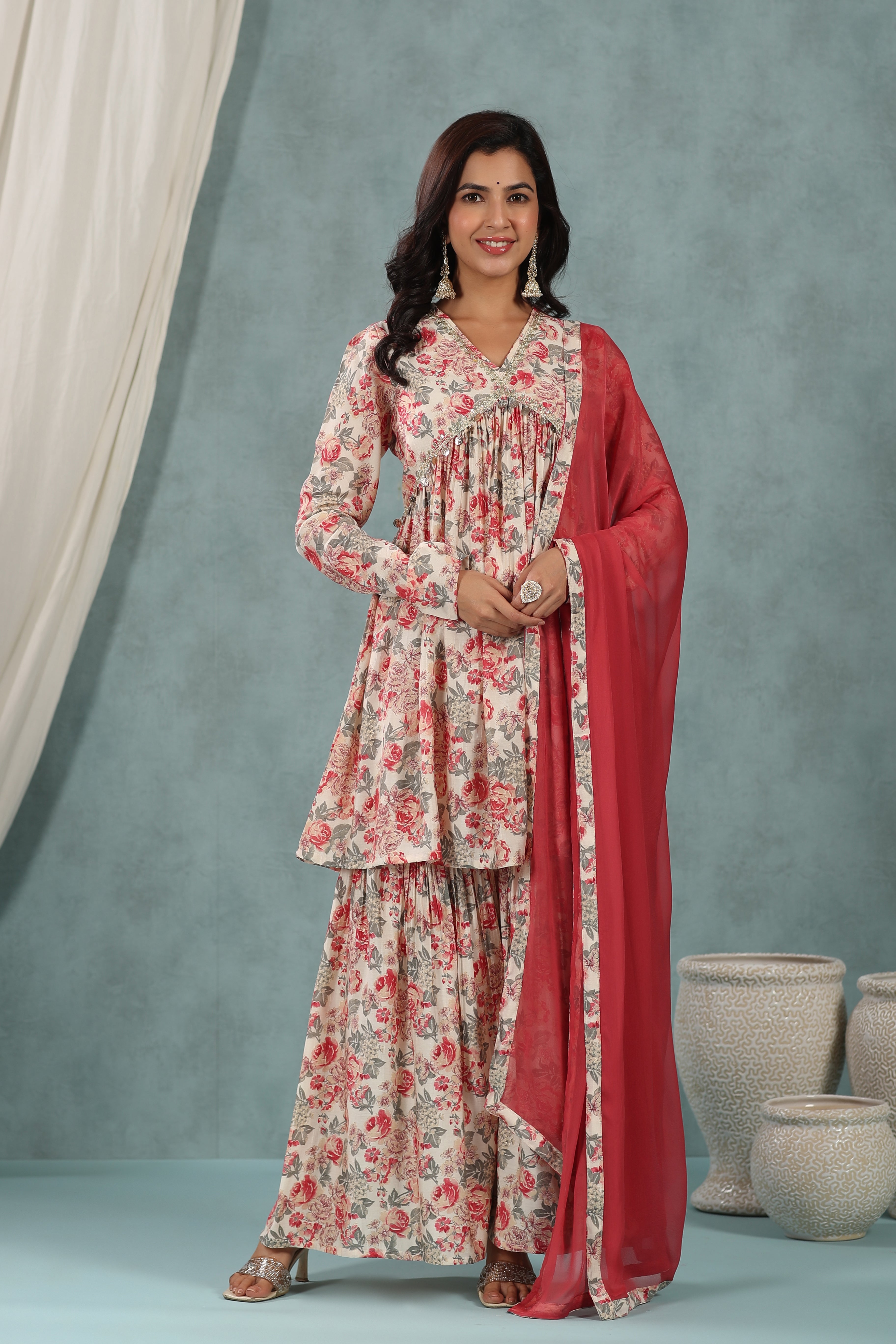 MySilkLove Well Red Floral Alia Cut Pure Muslin Sharara Suit