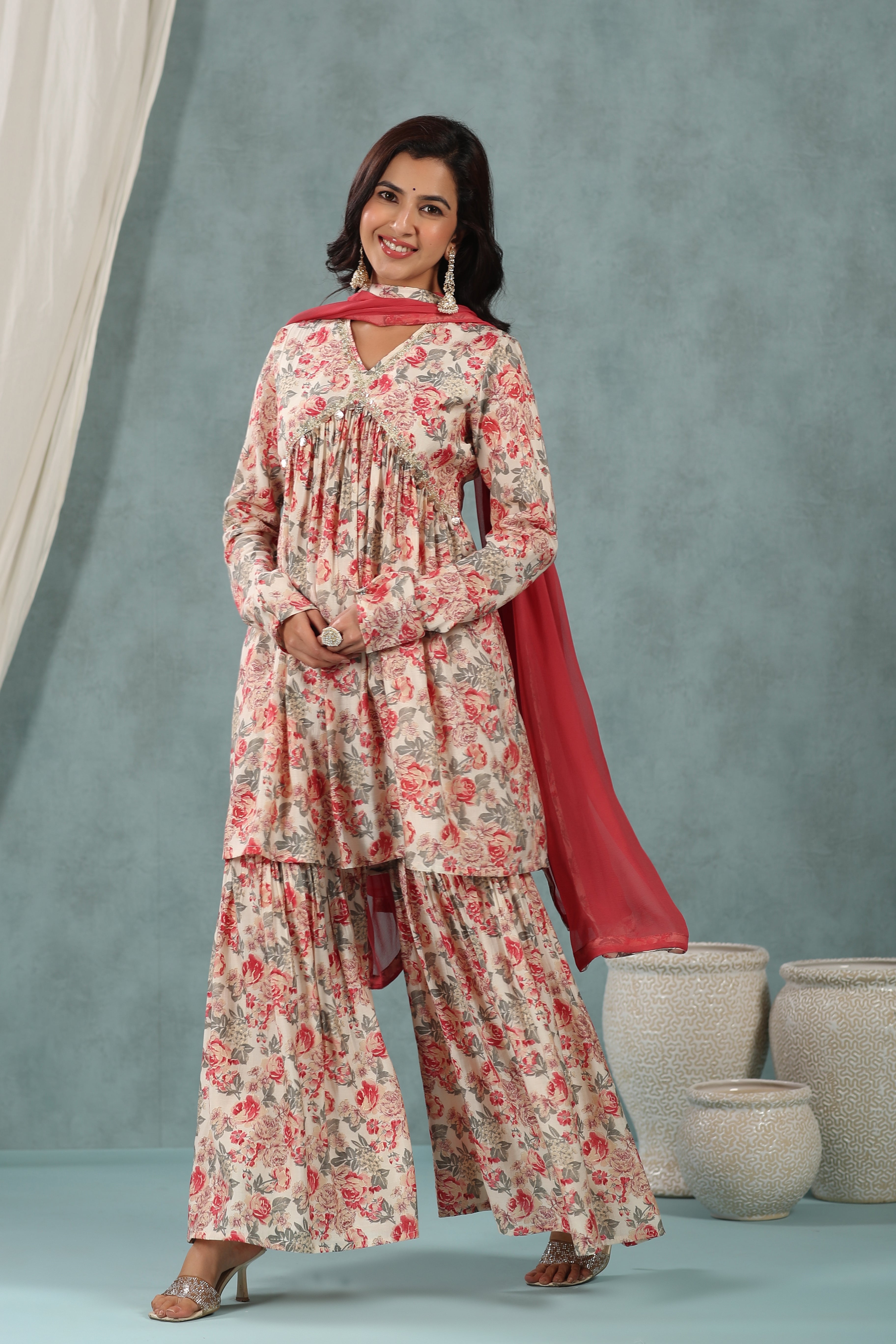 Buy MySilkLove Well Red Floral Alia Cut Pure Muslin Sharara Suit Online