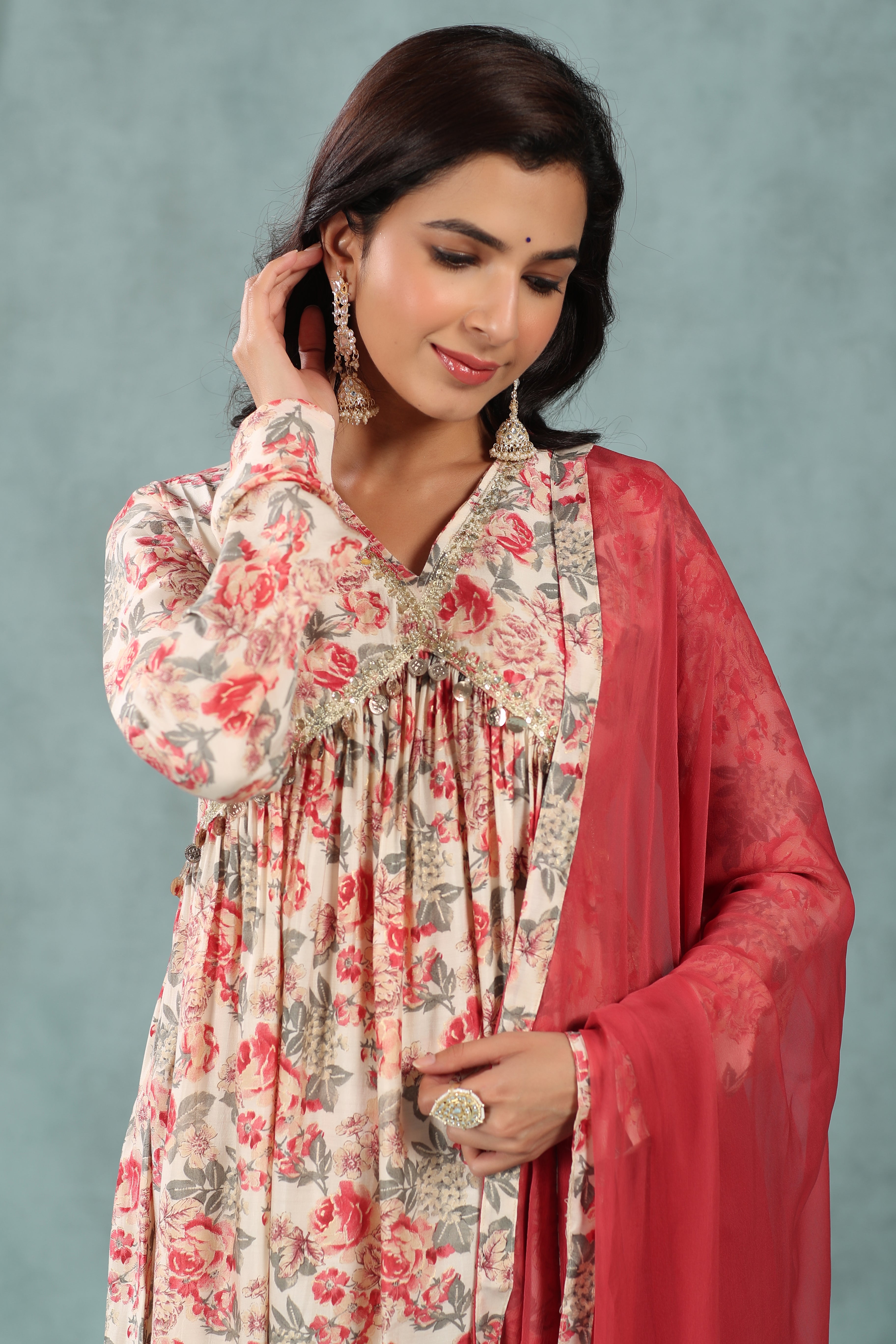 Buy MySilkLove Well Red Floral Alia Cut Pure Muslin Sharara Suit Online