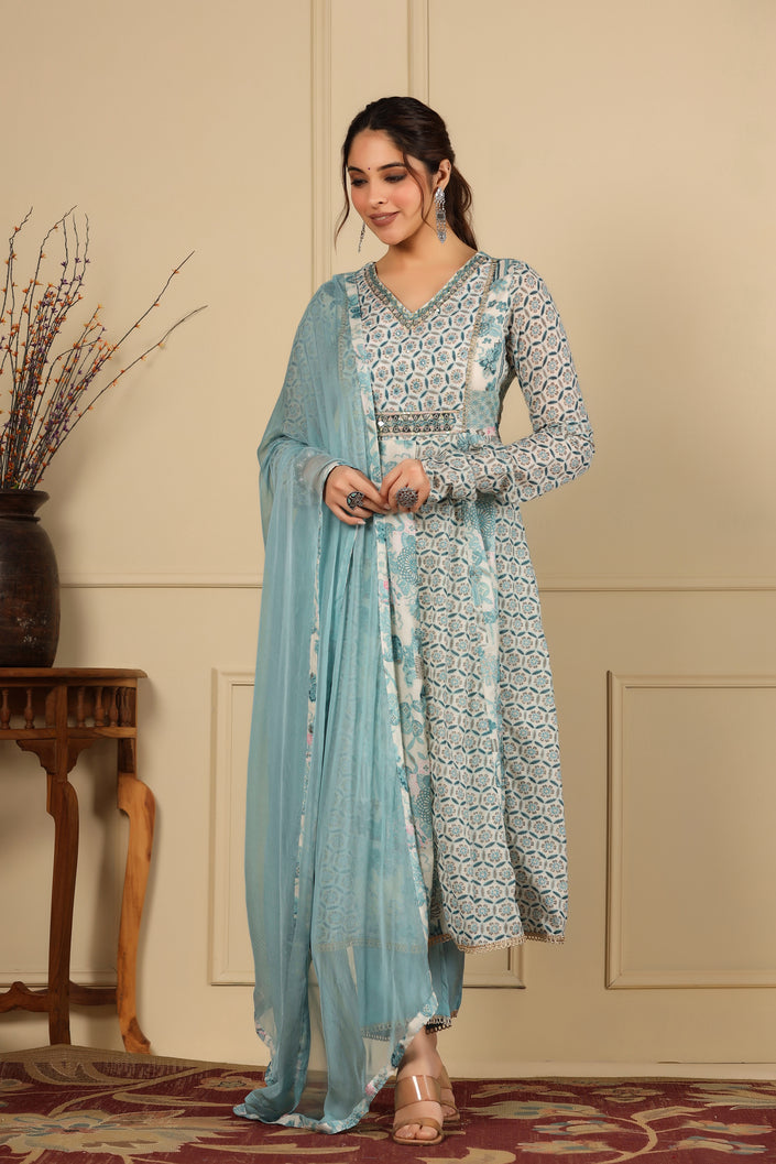 Buy MySilkLove Pewter Blue Pure Mul Cotton Suit Set Online