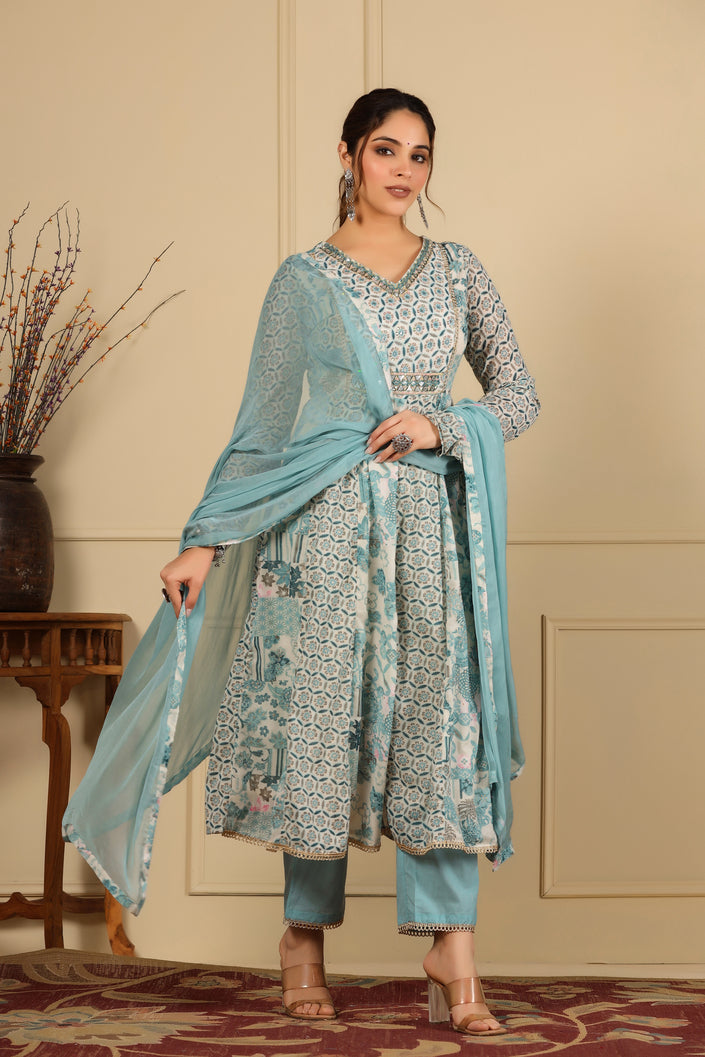 Buy MySilkLove Pewter Blue Pure Mul Cotton Suit Set Online