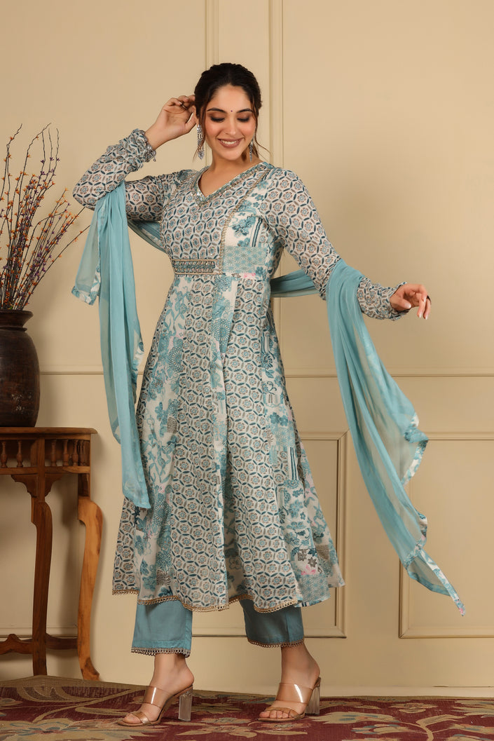 Buy MySilkLove Pewter Blue Pure Mul Cotton Suit Set Online