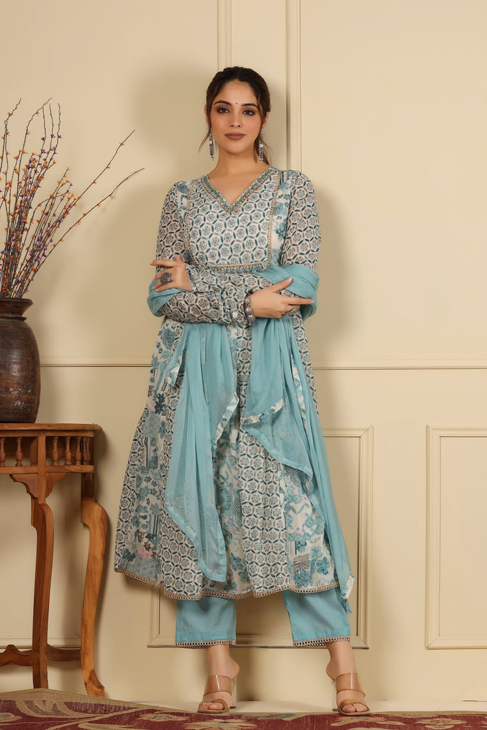 Buy MySilkLove Pewter Blue Pure Mul Cotton Suit Set Online