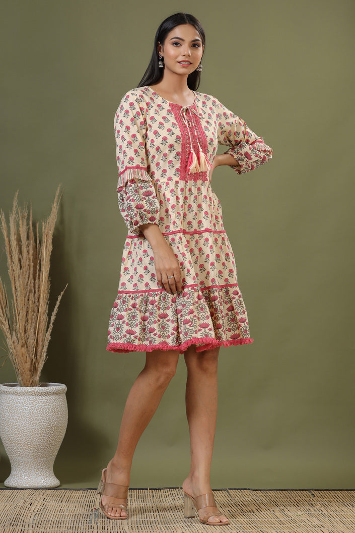 Buy MySilkLove Chestnut Rose Pink Bagru Print Cotton Dress Online