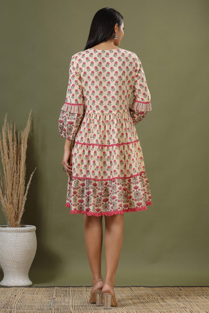 Buy MySilkLove Chestnut Rose Pink Bagru Print Cotton Dress Online