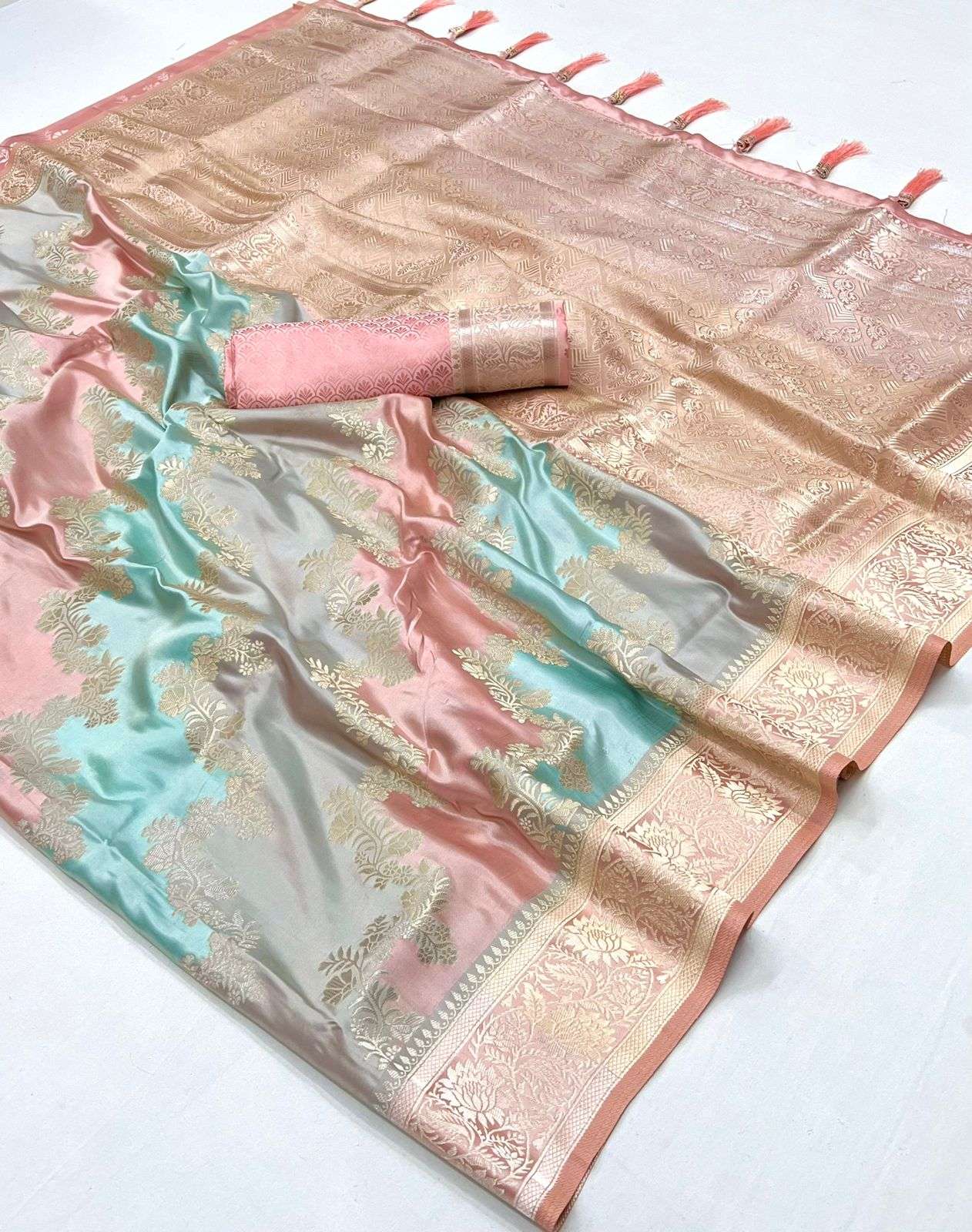 Buy MySilkLove Rodeo Dust cream and Green Banarasi Handloom Rangkat Weaving Saree Online