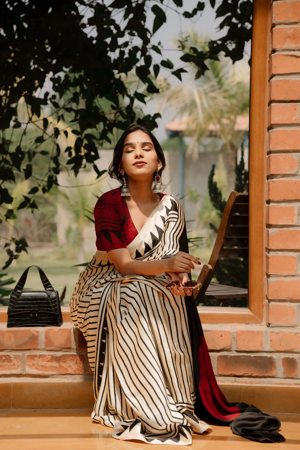 Buy MySilkLove Pearl White and Black Ajrakh Printed Satin Crepe Silk Saree Online