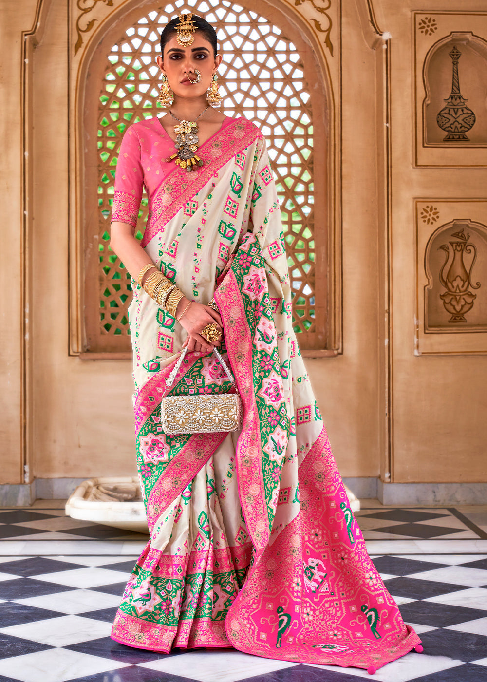 Buy MySilkLove Pearl White and Pink Woven Banarasi Saree Online