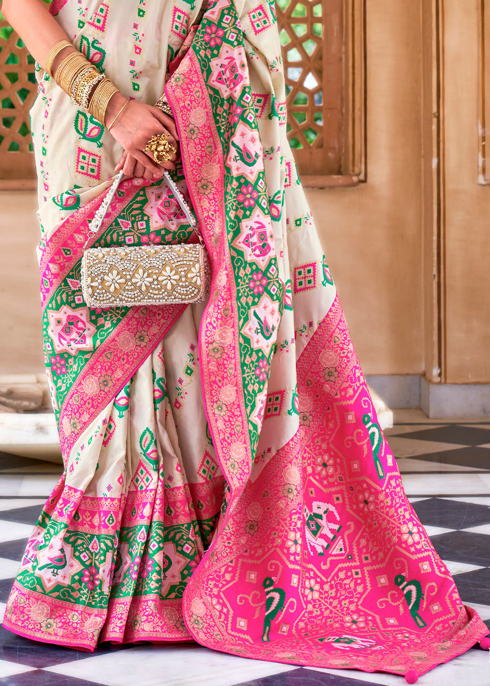 Buy MySilkLove Pearl White and Pink Woven Banarasi Saree Online