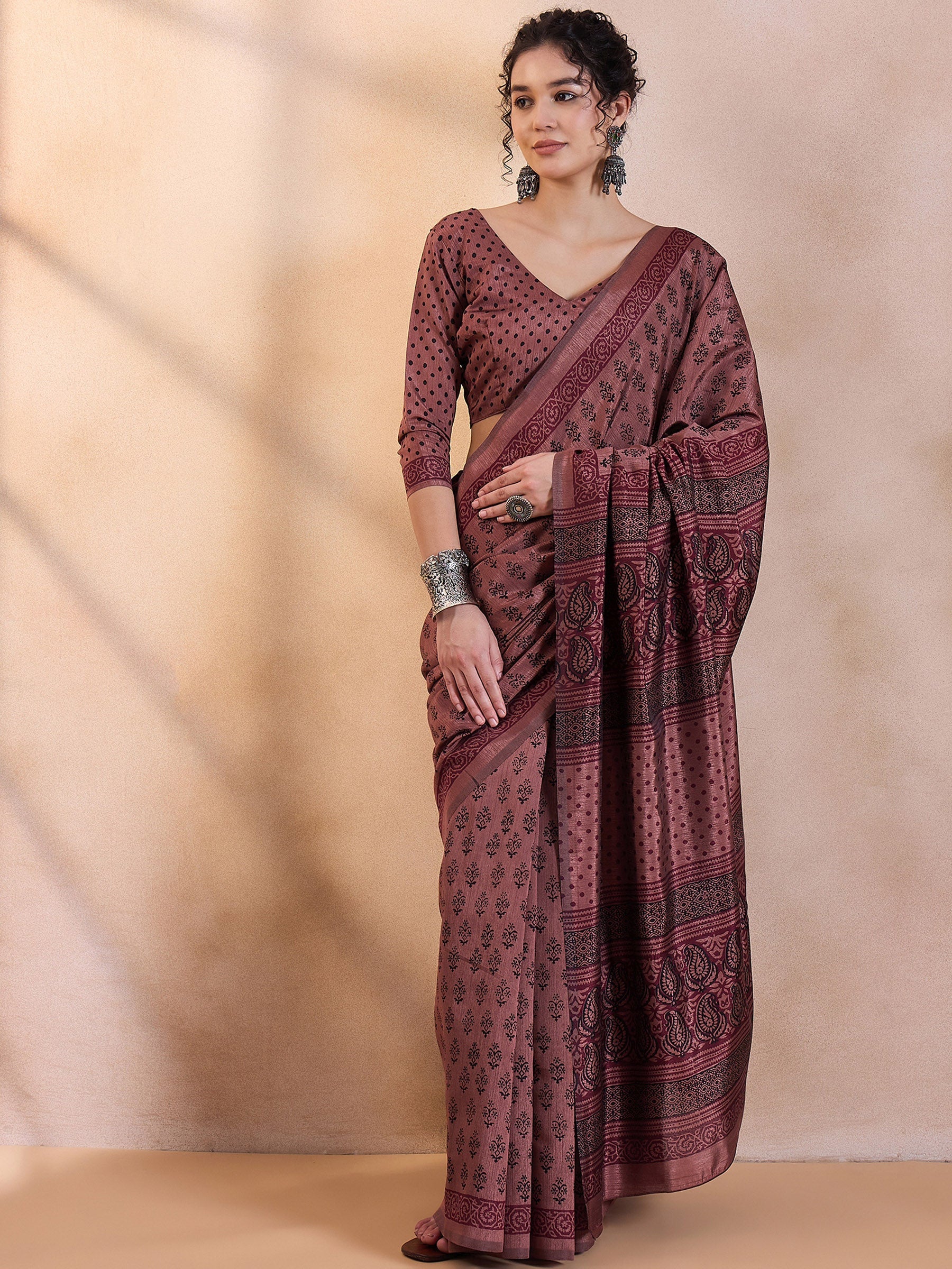 Buy MySilkLove Coffee Brown Printed Dola Silk Saree Online