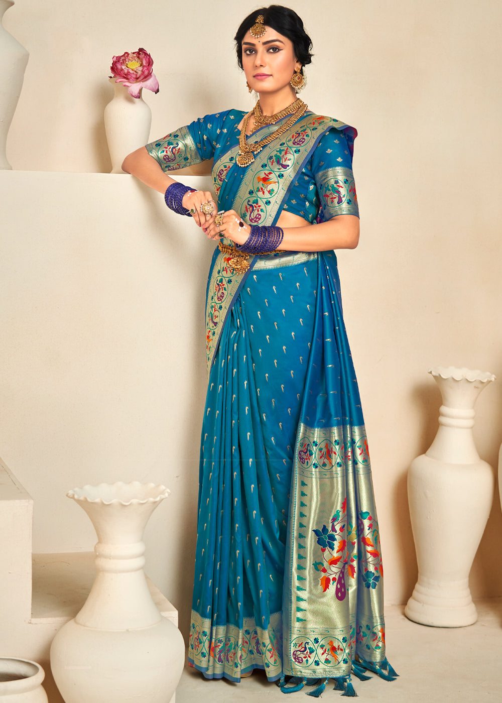 Buy MySilkLove Peacock Blue Woven Paithani Silk Saree Online