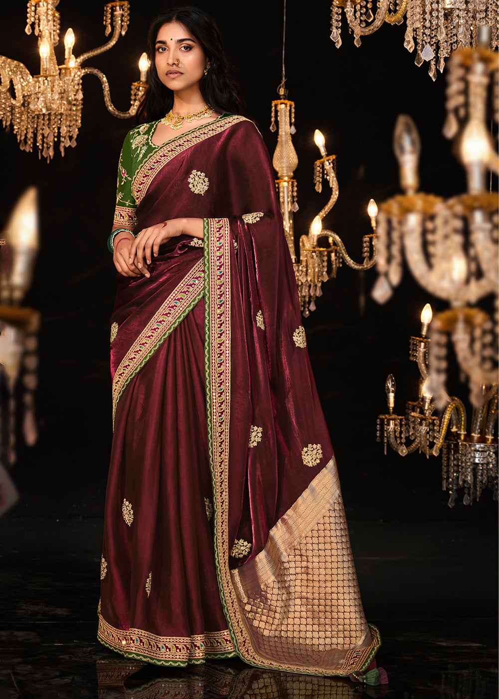 Buy MySilkLove Sanguine Brown Embroidered Designer Satin Silk Saree Online