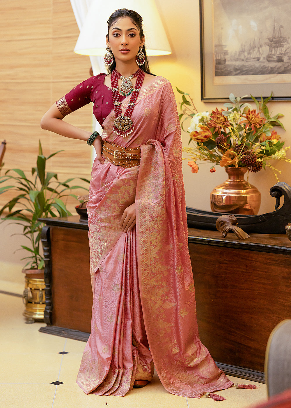 Buy MySilkLove Sea Pink Woven Satin Silk Saree Online