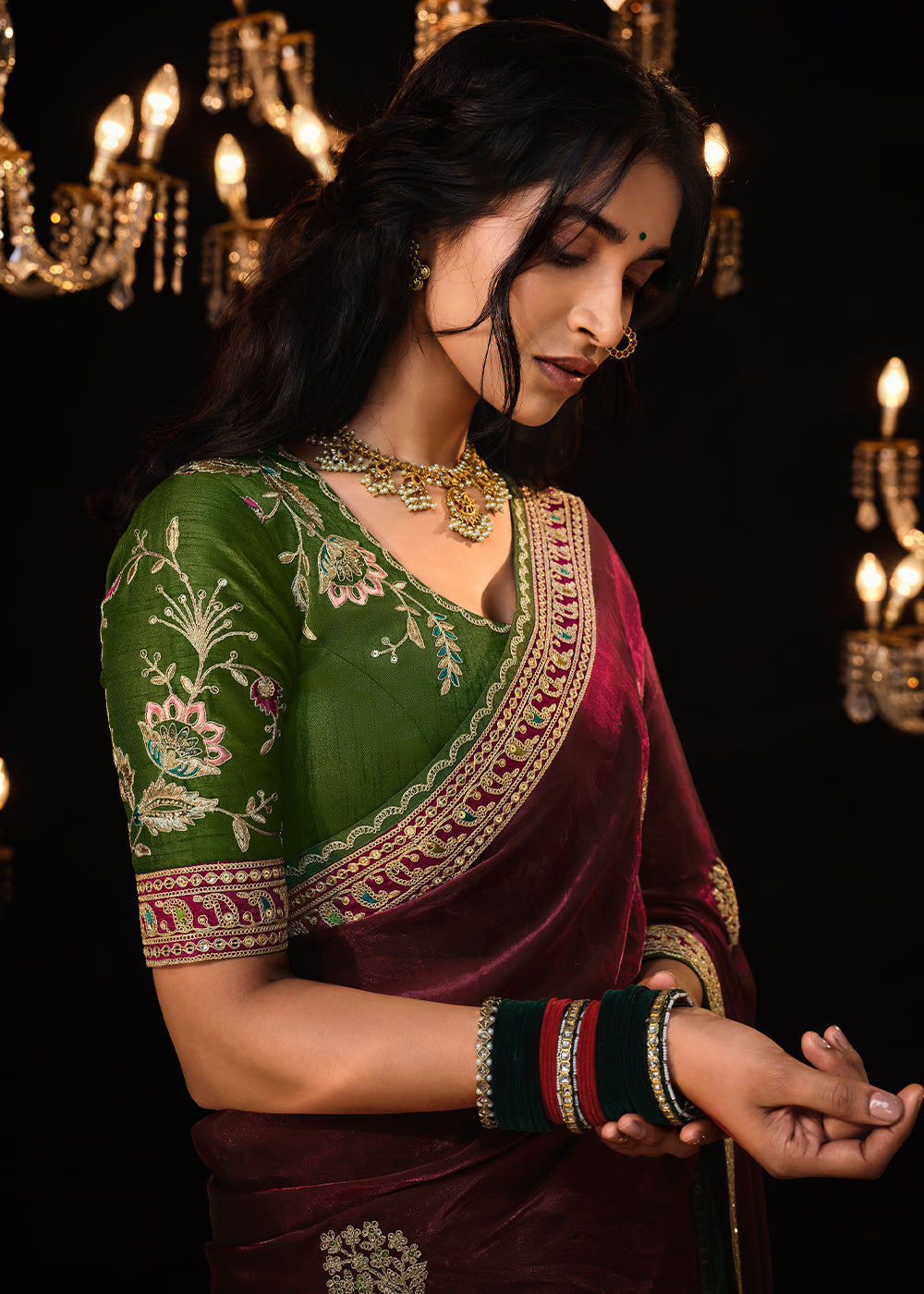 Buy MySilkLove Sanguine Brown Embroidered Designer Satin Silk Saree Online